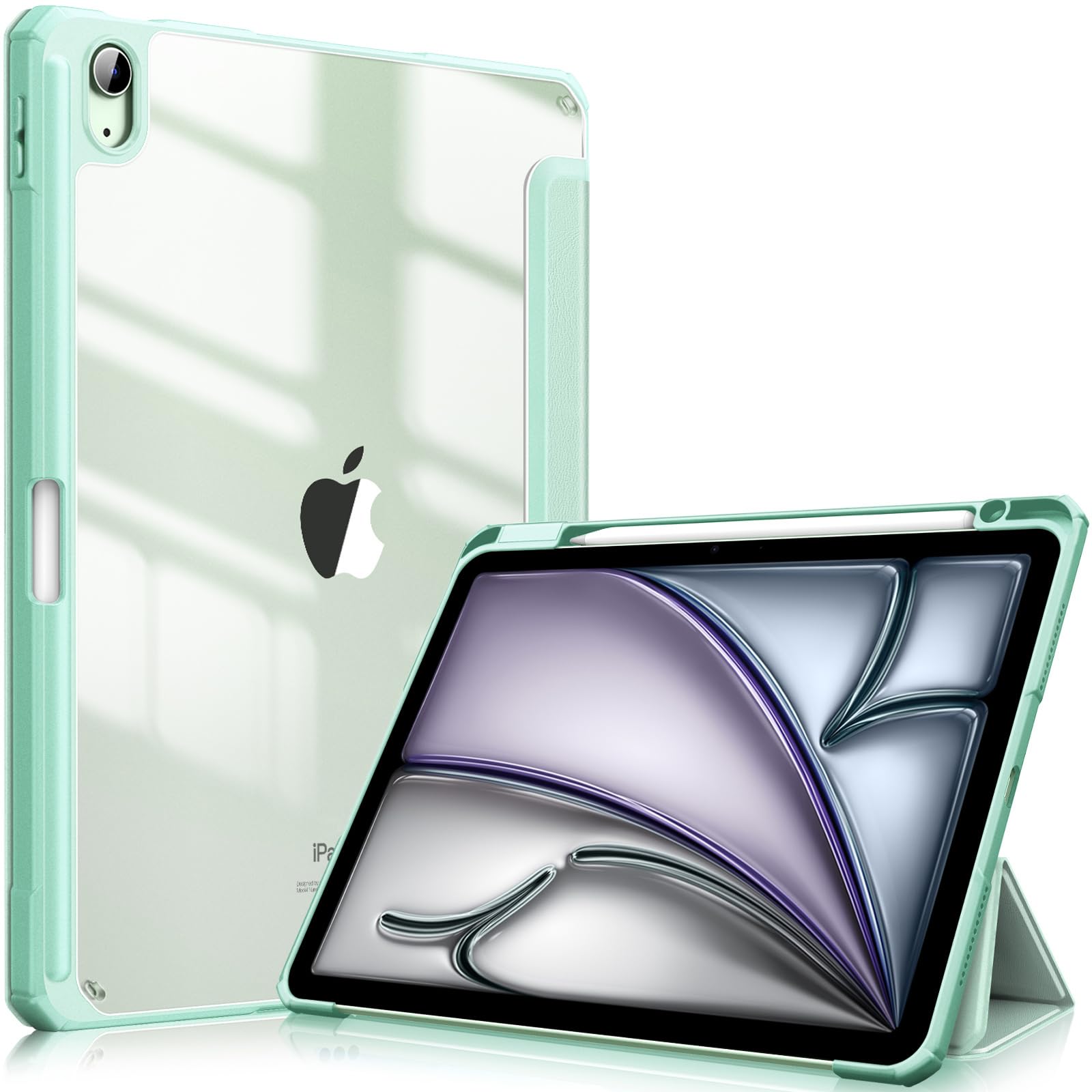 FINTIE Hybrid Shockproof Case for iPad Air 11 Inch (M3 2025/M2 2024) & 5th/4th Gen (2022/2020) - Slim Clear Protective Cover with Apple Pencil Holder & Auto Wake/Sleep Feature - Green | Perfect for Work, School & Travel Protection