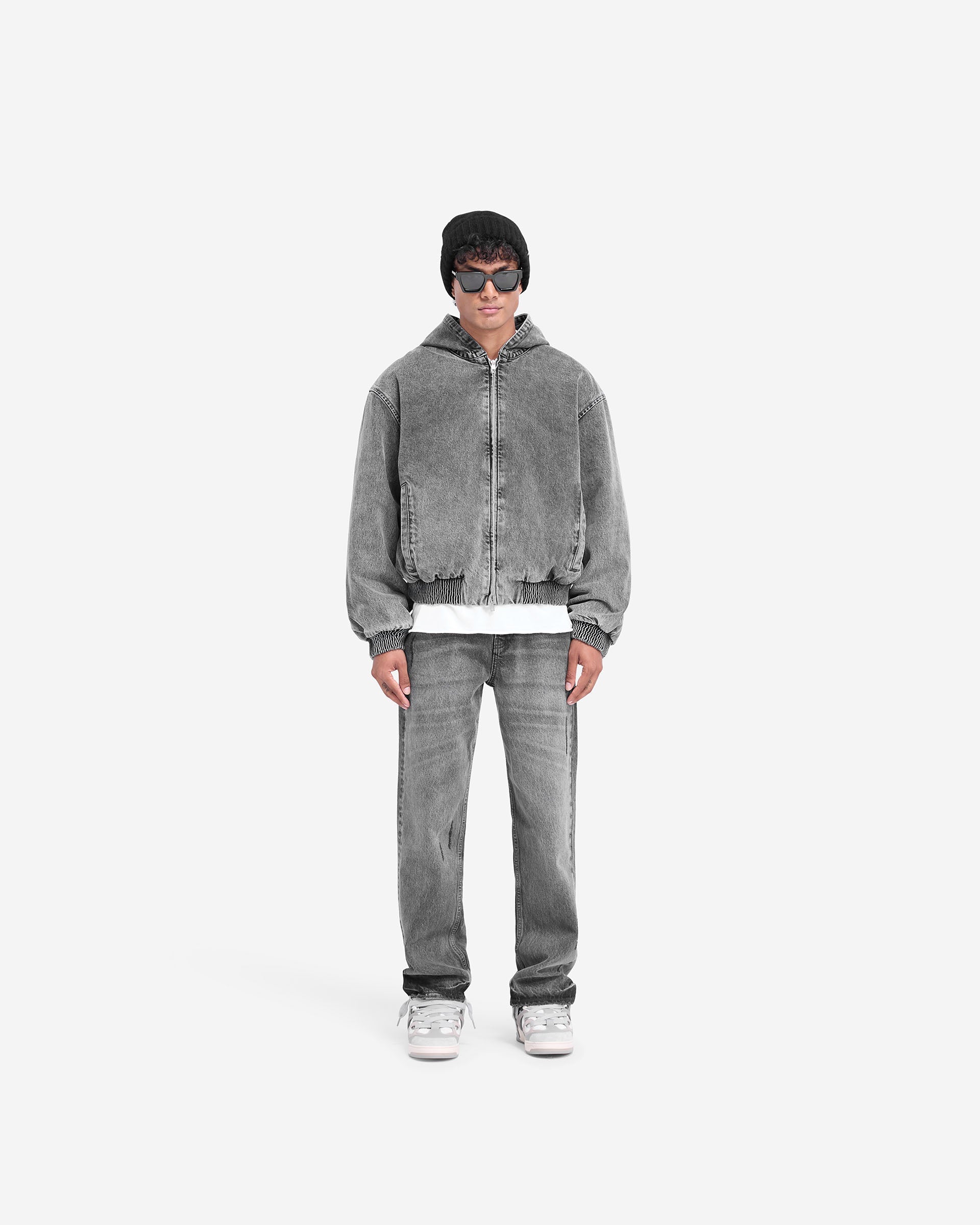 R5 Hooded Denim Bomber Jacket - Charcoal Grey | Stylish Streetwear for Men & Women | Perfect for Casual Outings & Urban Fashion