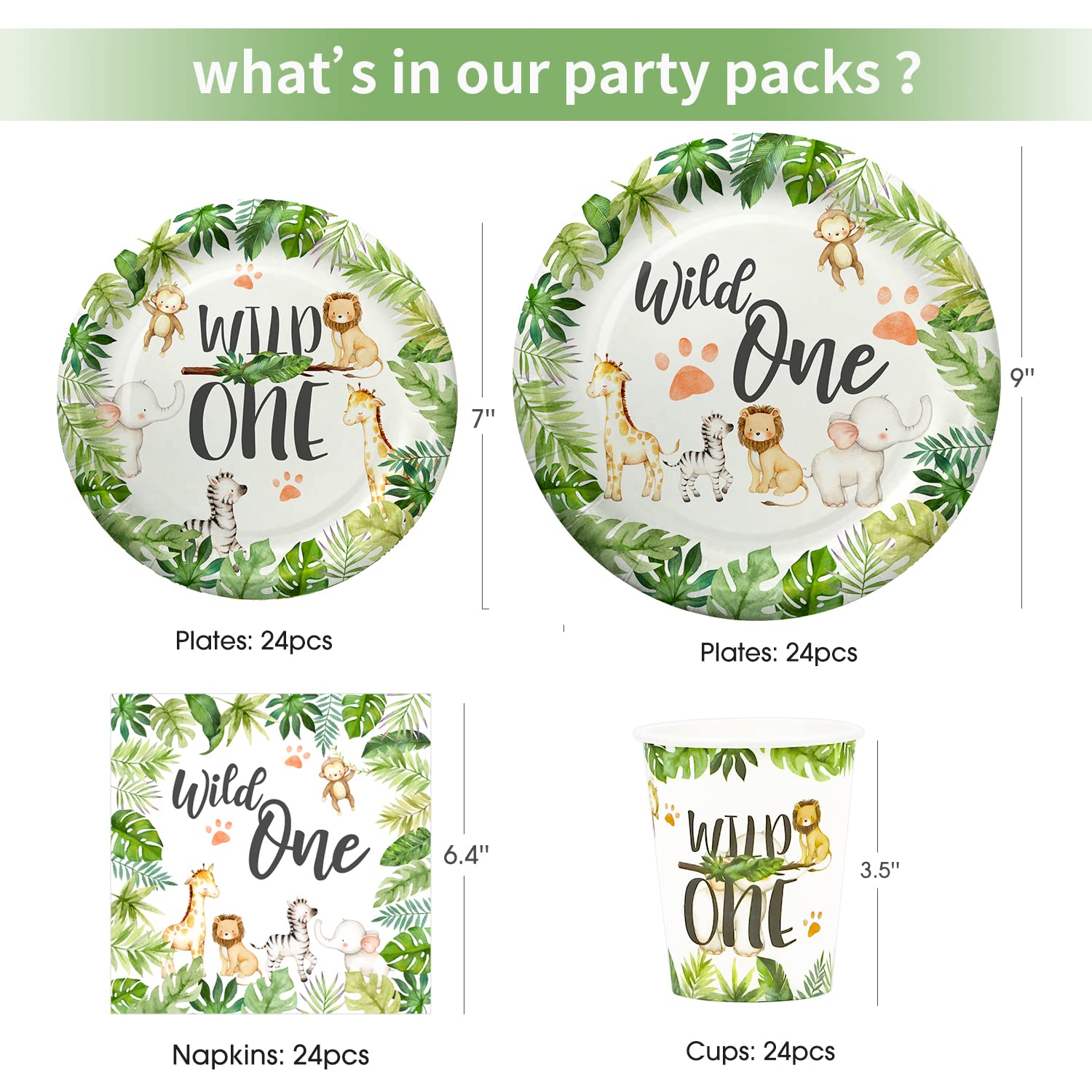 Wild One Birthday Party Supplies - Safari Animal Jungle Theme Tableware Set (Plates, Cups, Napkins, Tablecloth, Straws, Cutlery) for 24 Guests - Perfect for Baby Shower, 1st Birthday & Jungle Themed Parties