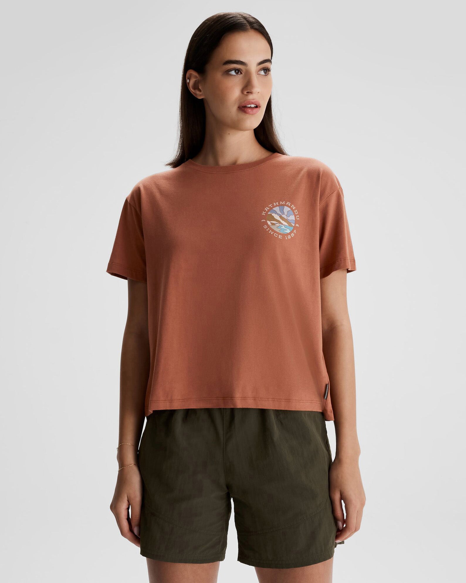 Women's Kathmandu Logo Sunburst Organic Cotton T-Shirt | Eco-Friendly Casual Tee for Outdoor Adventures & Everyday Wear