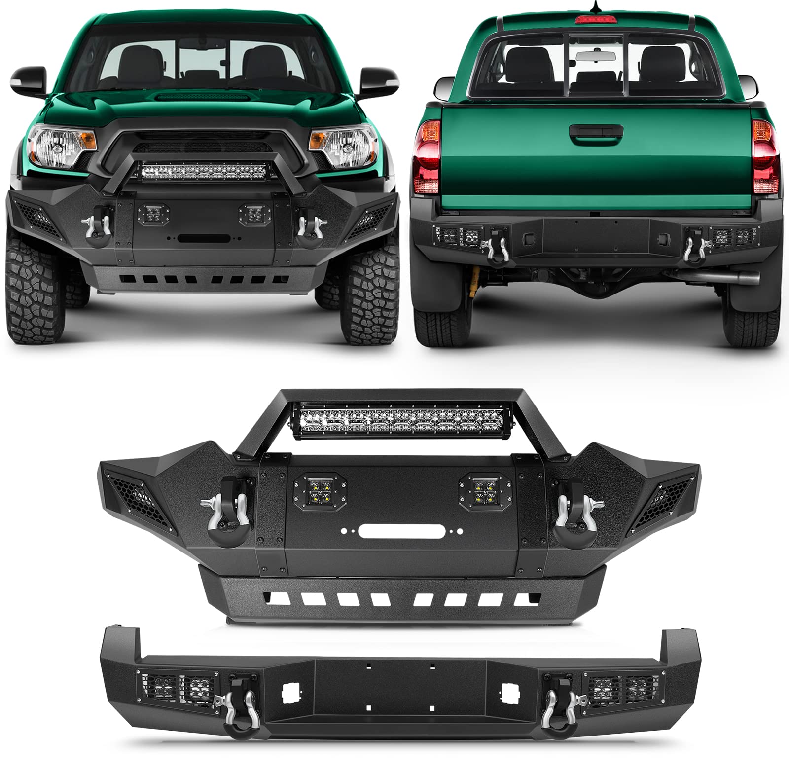 SCITOO Front & Rear Bumper Replacement for 2005-2015 Toyota Tacoma - Heavy Duty D-Ring Texture Black Off-Road Bumper Set for Adventure & Truck Protection