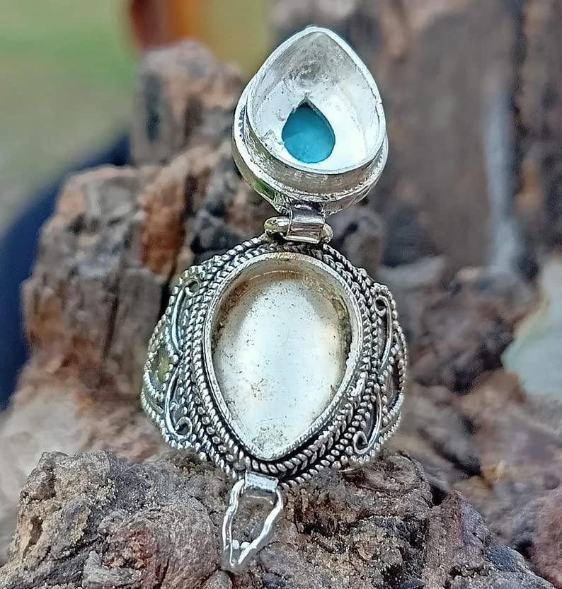Larimar Gemstone Ring - 925 Sterling Silver Antique Poison Box Ring with Locket - Vintage Boho Style Jewelry - Pear Cut Dominican Republic Larimar - Perfect for Costume Parties, Gothic Fashion & Unique Gift Giving
