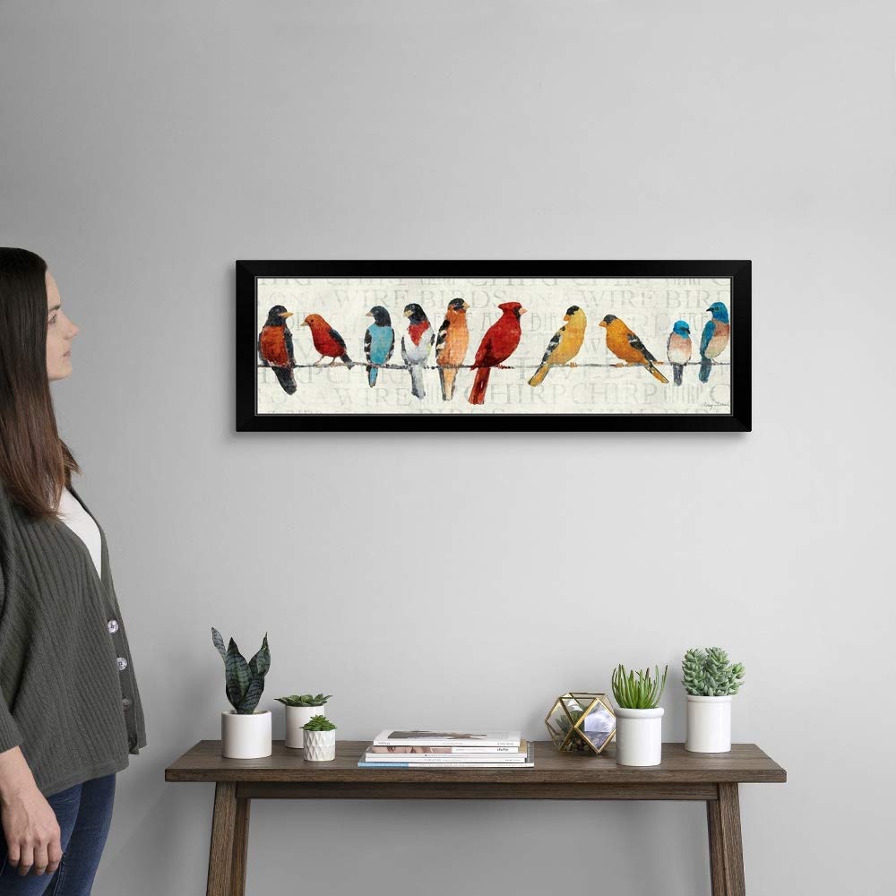 Birds on a Wire Black Framed Art Print - Cardinal & Songbird Wall Decor - Ready to Hang Home & Office Wall Art for Living Room, Bedroom, or Office Decoration