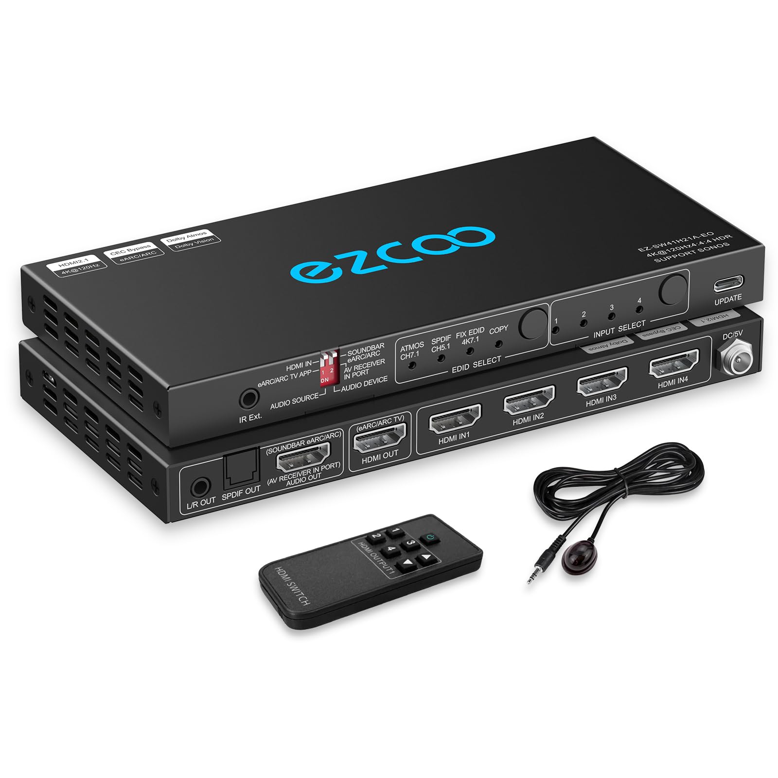 4K HDMI Switch 2.1 with 120Hz, eARC, VRR & ALLM - 4 Port 4x1 HDCP 2.3 HDR10 Splitter with Optical SPDIF & 3.5mm Audio Output - IR Remote Control for PS5, Xbox, AMD - Perfect for Home Theater & Gaming Setup