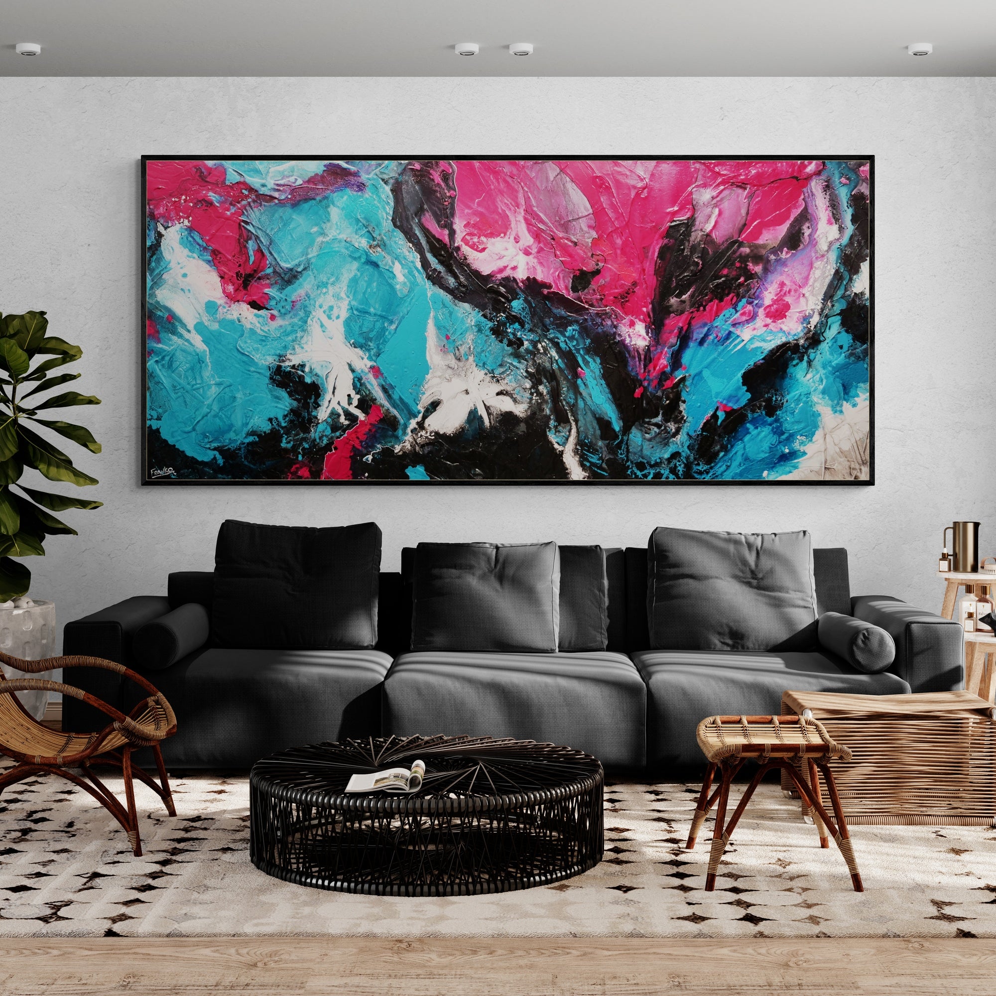 Magic 270cm x 120cm Black Teal Magenta Textured Abstract Canvas Wall Art - Perfect for Living Room, Bedroom & Office Decor
