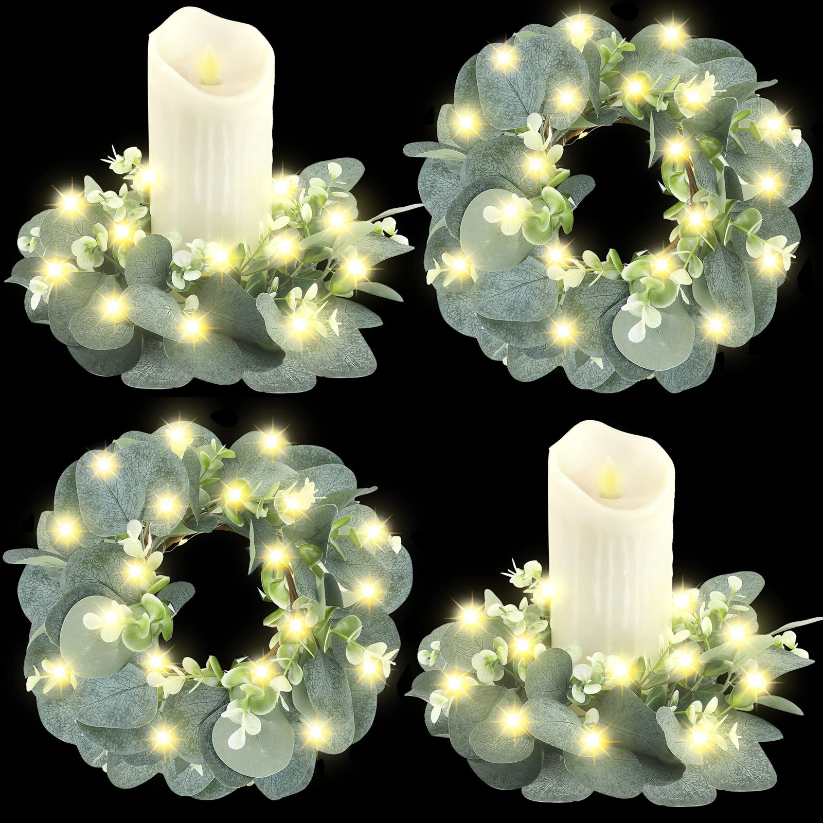 2 Pack Wedding Eucalyptus Candle Rings with LED Fairy Lights - Artificial Greenery Wreaths for Table Decor (3.9