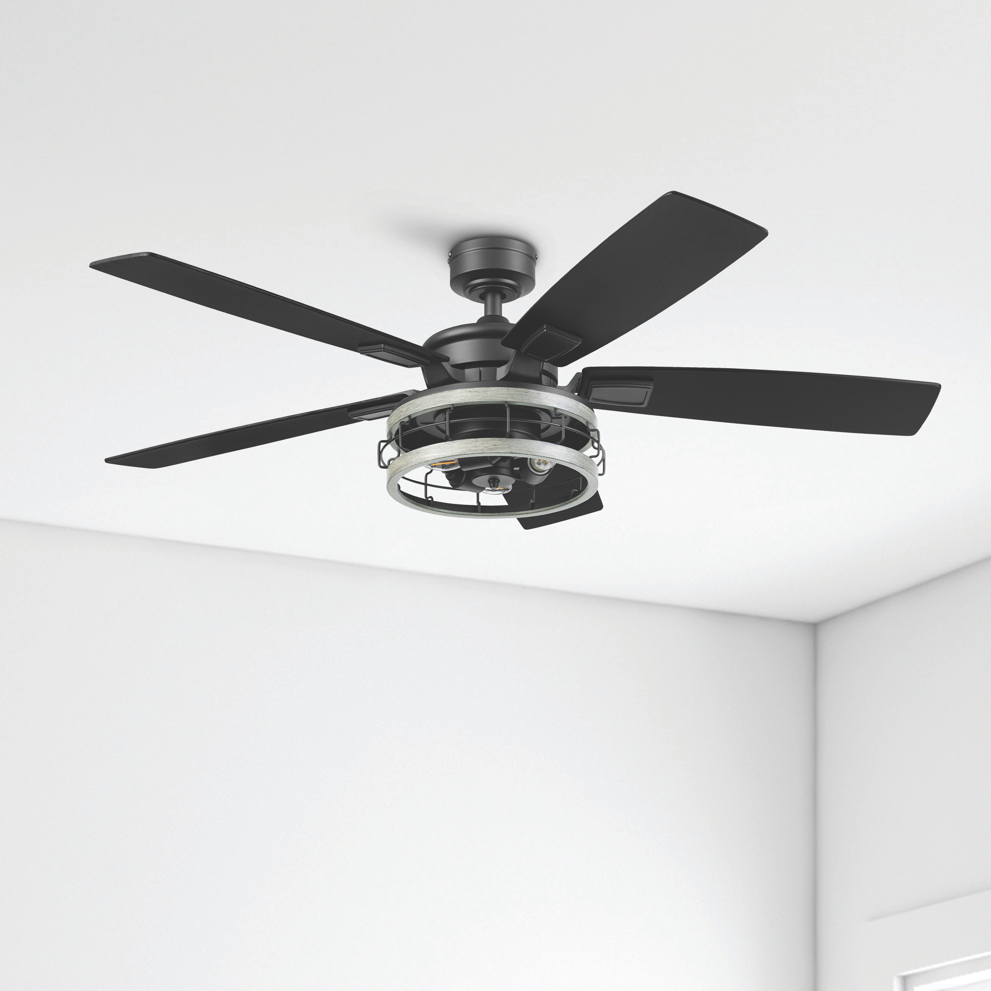 52 Inch Honeywell Carnegie Matte Black Ceiling Fan with Gray Cage Light and Remote Control - Perfect for Living Room, Bedroom, and Outdoor Spaces