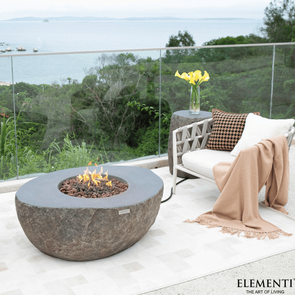 Boulder Concrete Oval Fire Table - Outdoor Patio Fire Pit for Backyard, Garden, and Poolside Gatherings