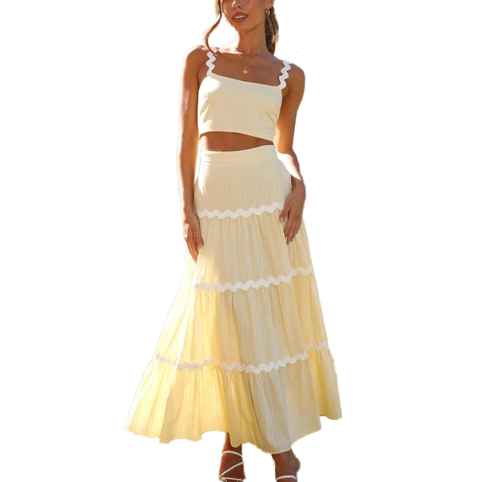 ThCreasa Women's Casual Beach 2 Piece Outfit - Sleeveless Smocked Crop Top & High Waisted A-Line Maxi Skirt Set | Summer Vacation, Pool Party, Boho Outfit for Women