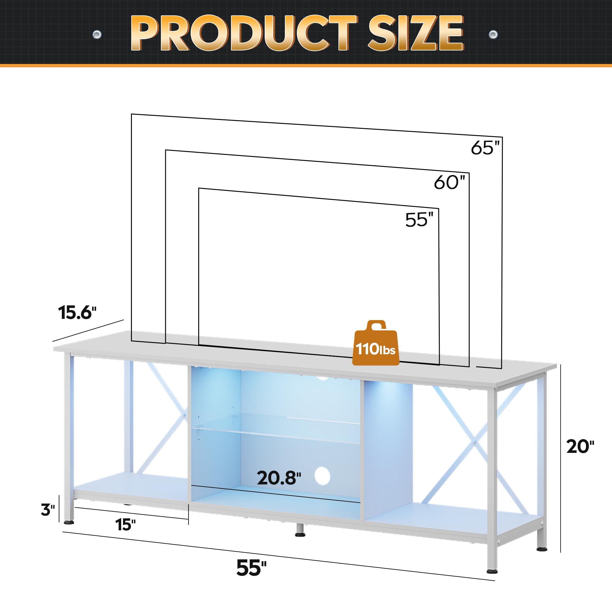 **WLIVE 65 Inch TV Stand with LED Lights, Industrial TV Console with Glass Shelves for Living Room & Bedroom - Modern Entertainment Center for 55-65 Inch TVs (White) - Perfect for Home Theater & Stylish Decor**