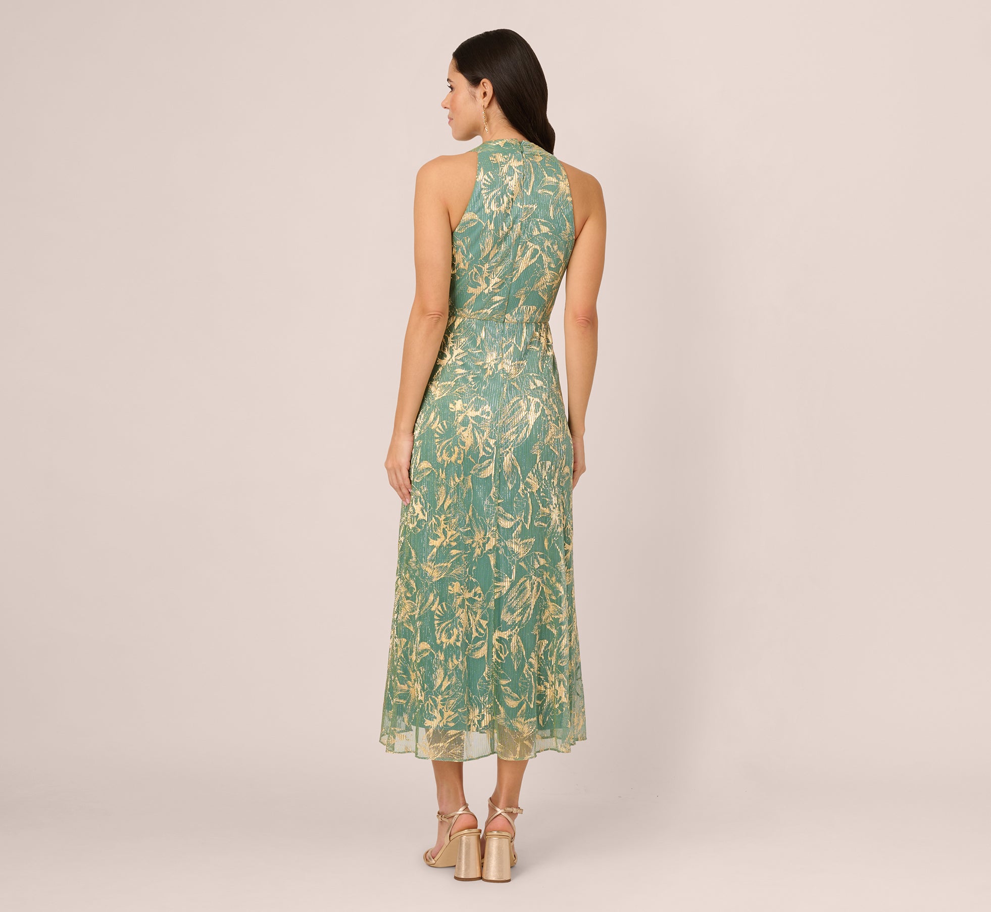 Sleeveless Metallic Crinkle Midi Dress in Sage Gold - Elegant Party & Evening Wear for Women