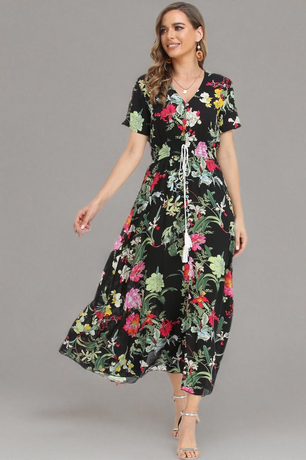 Boho Floral Maxi Dress for Women - Summer Button Up Beach Dress with Side Slit & Flowy Skirt | Perfect for Beach Vacations, Music Festivals & Boho Chic Outfits