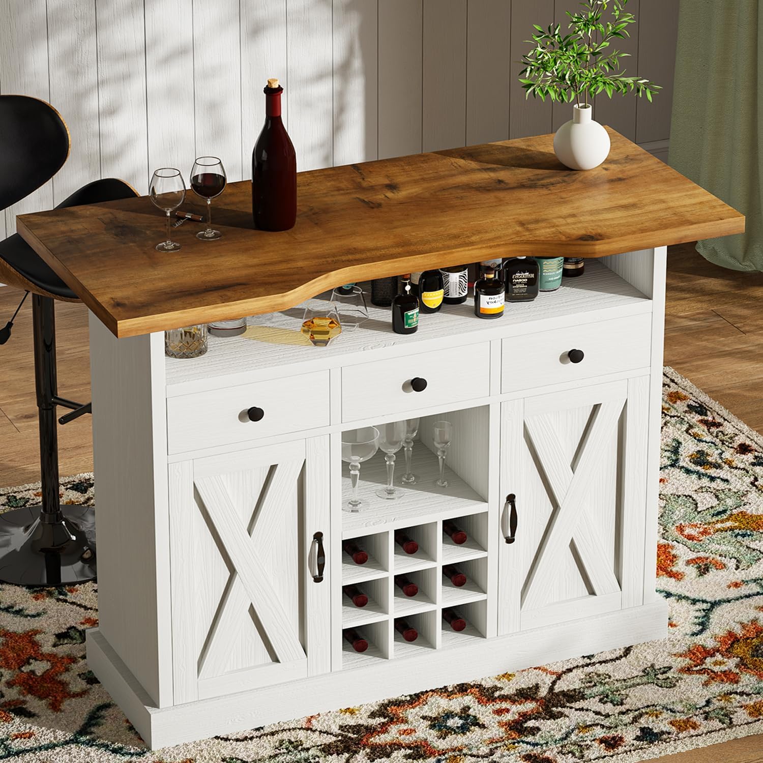 4ever2buy 52 Inch Farmhouse Home Bar Cabinet with Storage - 3 Drawers & 9 Wine Racks, White Barn Door Liquor Cabinet with Footrest | Rustic Bar Furniture for Dining Room, Basement or Man Cave