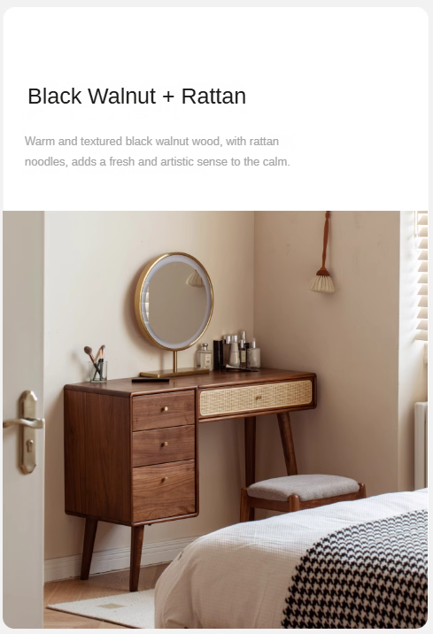 Premium Black Walnut Solid Wood Rattan Vanity Dressing Table - Elegant Makeup Desk with Mirror for Bedroom, Bathroom & Boudoir Organization