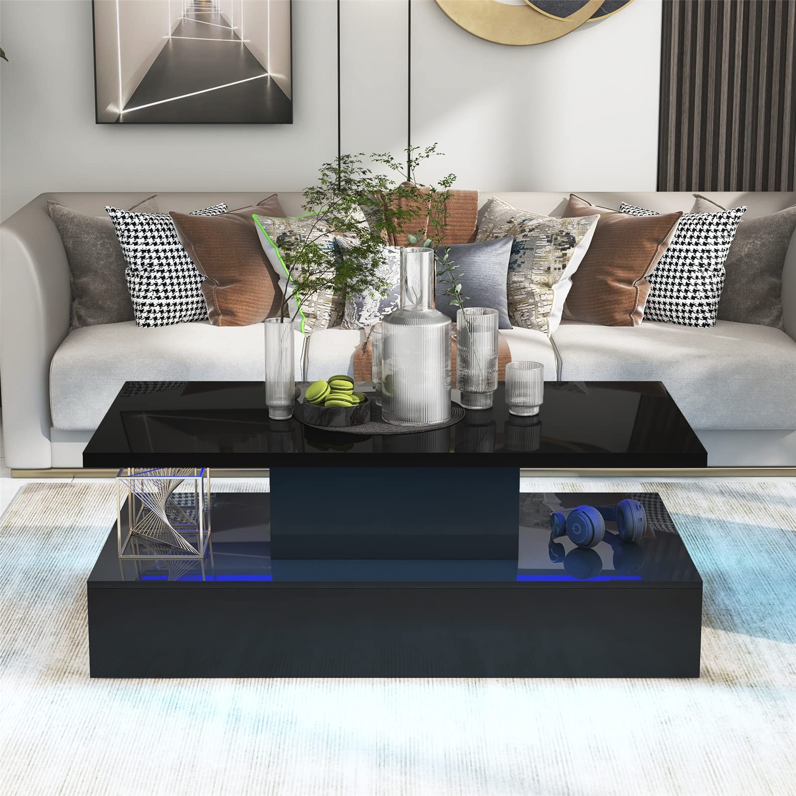Modern Black LED Coffee Table with 16-Color Lighting & Remote Control - Industrial Design 2-Tier Rectangle Cocktail Table for Living Room, Lounge & Entertainment Spaces