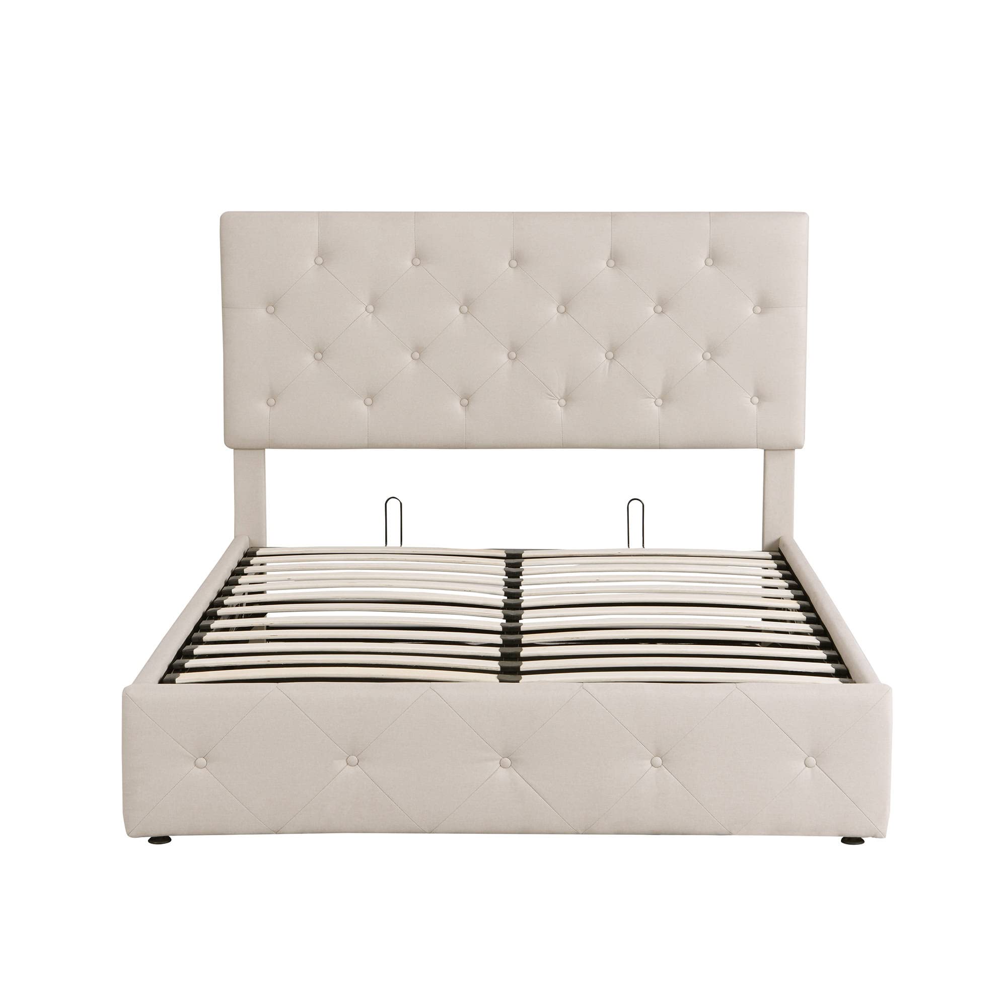 TRIPLE TREE Full Size Upholstered Platform Bed with Tufted Headboard & Hydraulic Storage | Wooden Bed Frame with Slat Support for Teens & Adults | Beige Modern Bedroom Furniture for Small Spaces & Guest Rooms