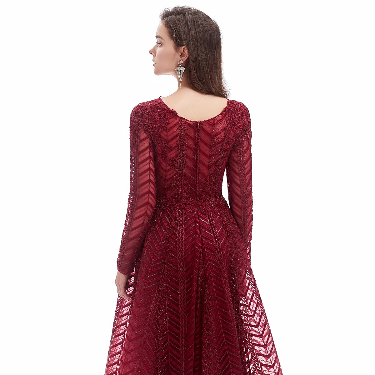 Elegant Long Sleeve Lace Evening Dress for Women - V-Neck Crystal Beaded Formal Gown for Prom, Wedding & Special Occasions