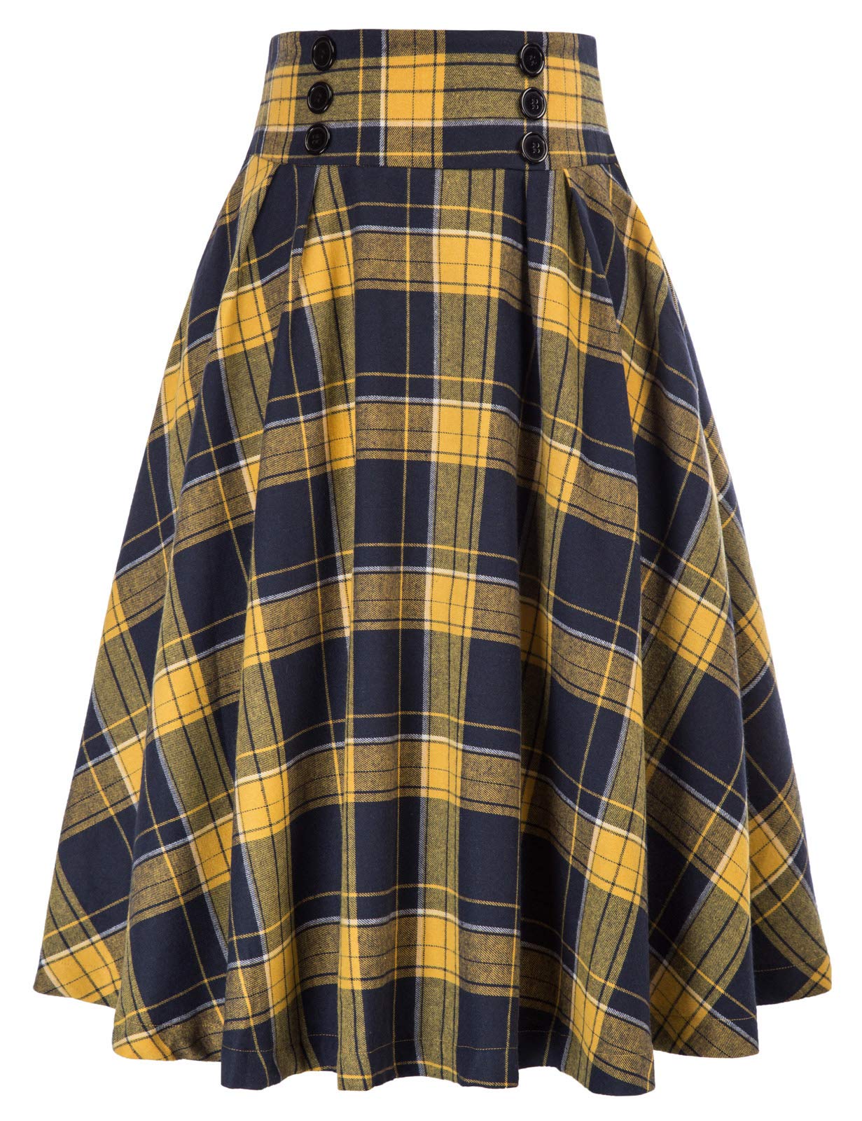 Belle Poque Women's Vintage High Waist Plaid Pleated Skirt with Pockets - A-Line Swing Skirt for Casual, Office & Retro Outfits (BPA020)