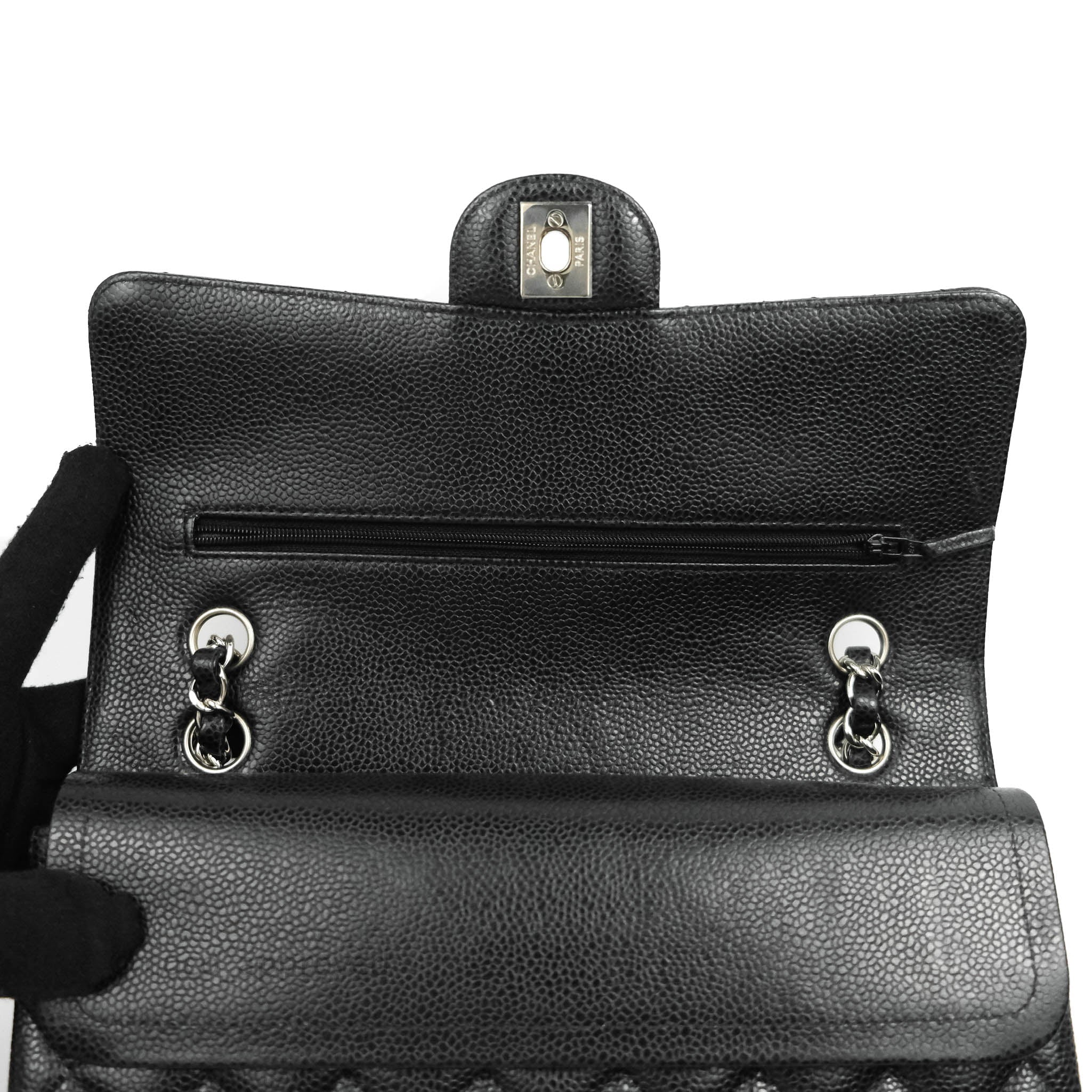 Chanel Classic Double Flap M/L Black Caviar Leather Bag with Silver Hardware - Luxury Designer Handbag for Women, Perfect for Work, Evening Events & Special Occasions
