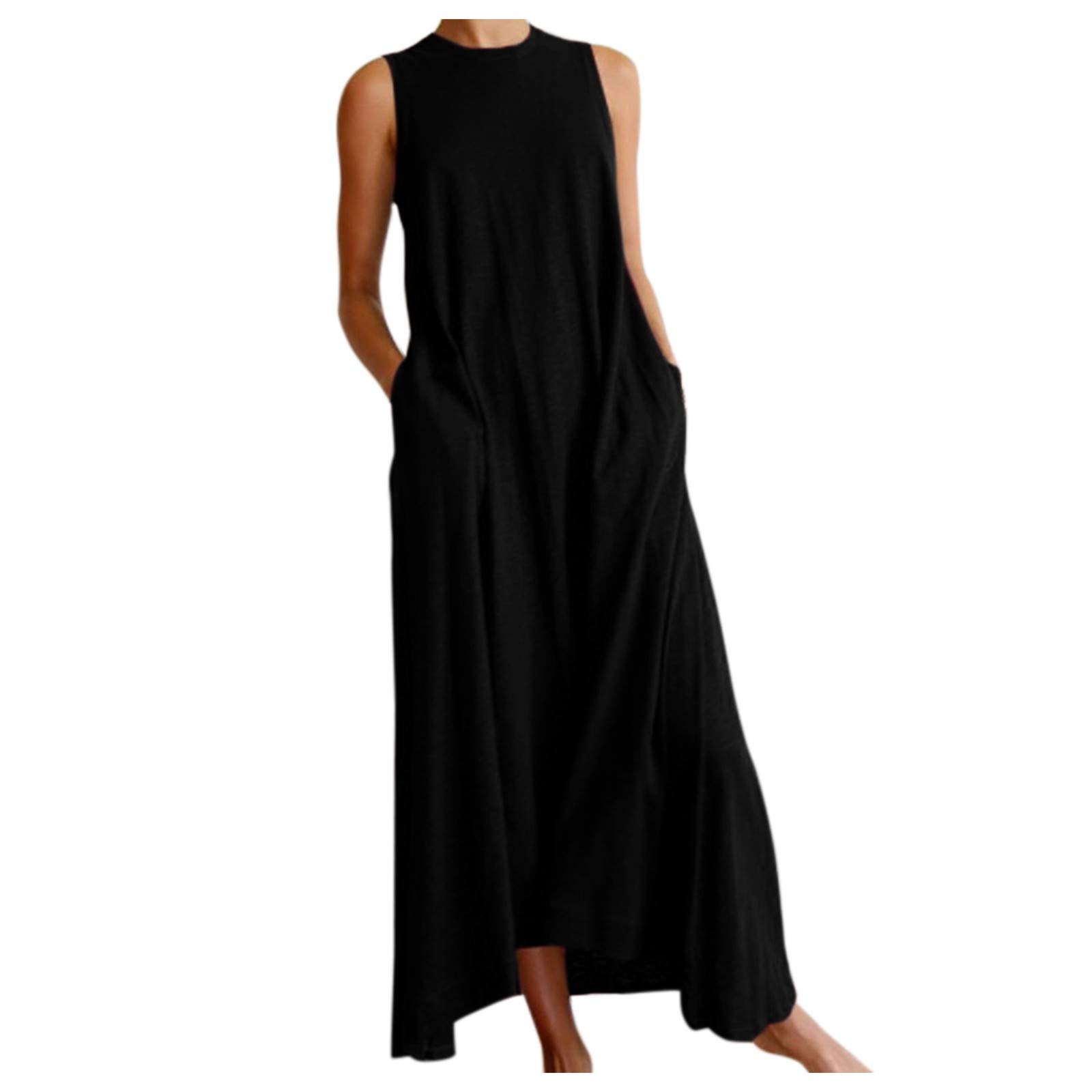 **Women's Plus Size Solid Color Sleeveless Round Neck Casual Long Dress - Elegant Black Gown for Summer, Beach, Party & Evening Wear**