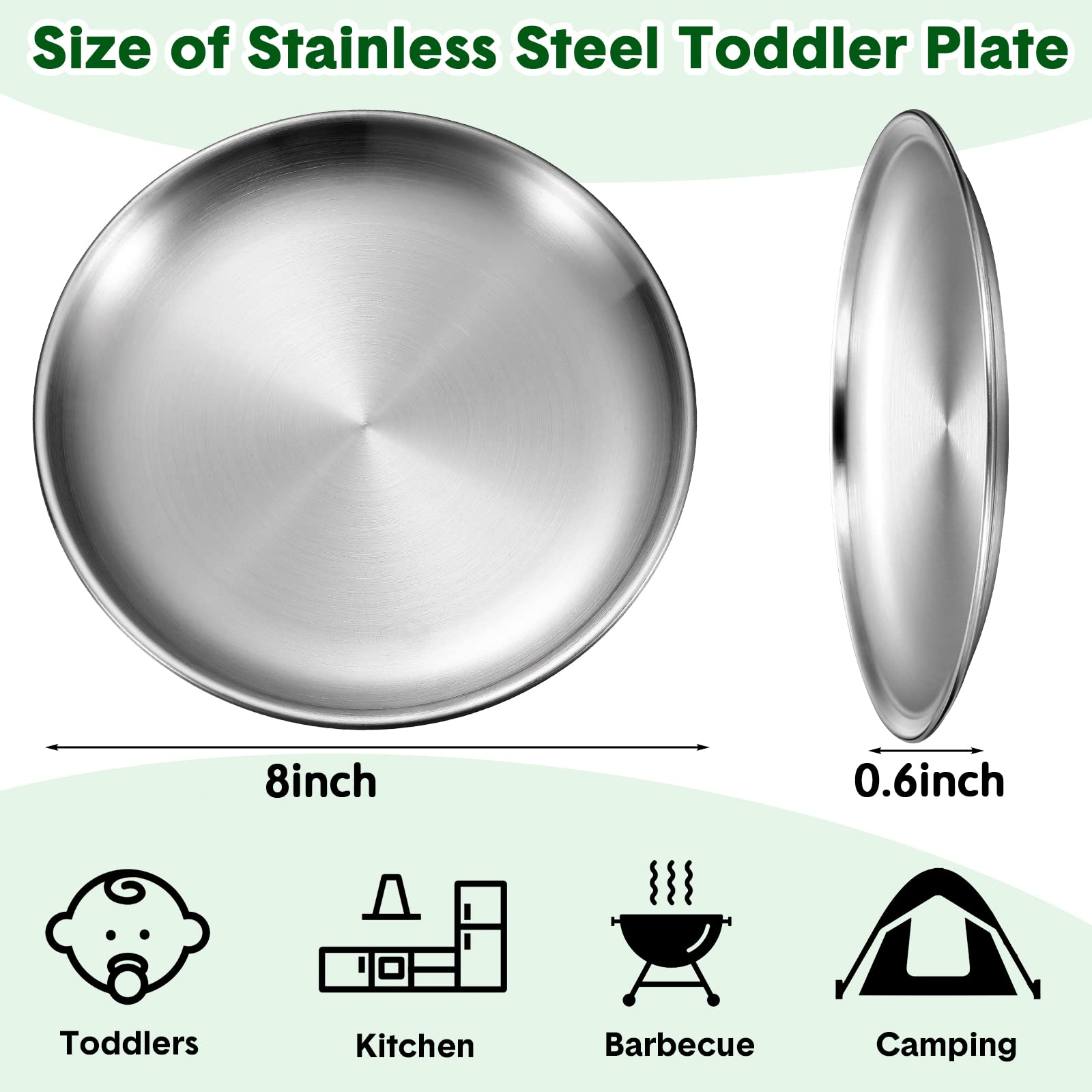 10-Pack Honeydak 18/8 304 Stainless Steel Plates - 8 Inch Reusable Camping & Picnic Dishes - Dishwasher Safe, Double-Layer Round Serving Plates for Adults (Silver) - Perfect for Outdoor Dining, BBQs, Parties & Everyday Use