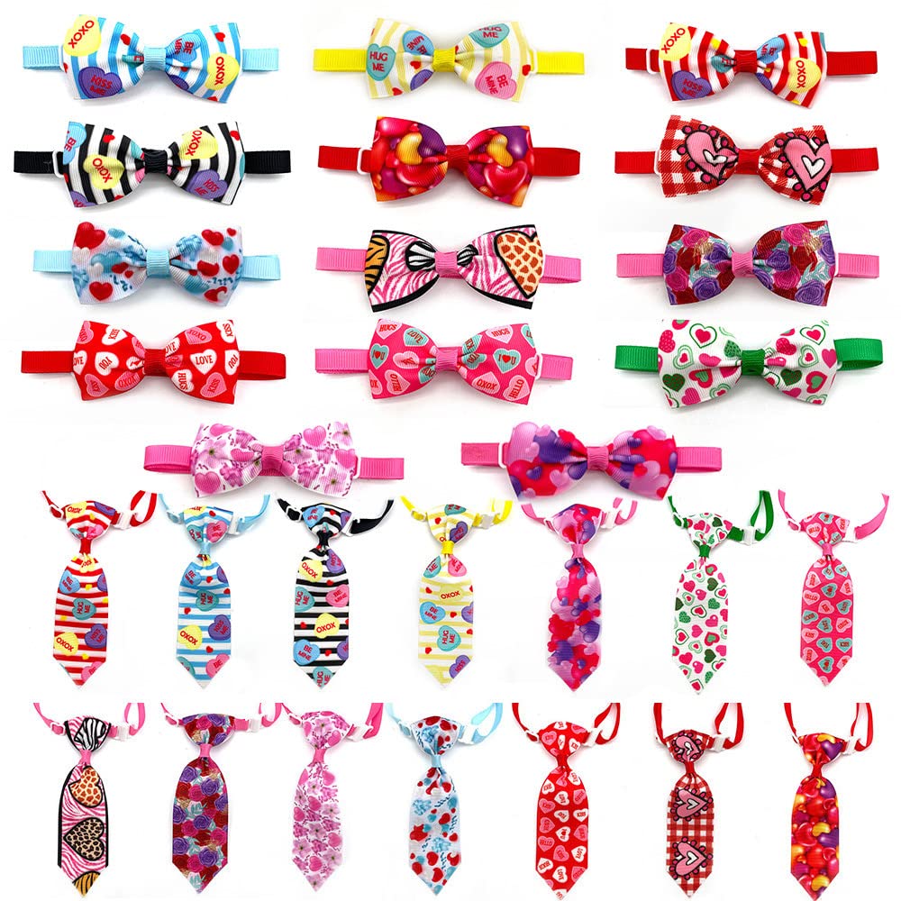 Muqci 28-Piece Valentine's Day Pet Bow Ties Set - Adjustable Dog Neckties & Cat Collar Accessories for Small Pets - Perfect for Grooming, Parties & Photo Shoots