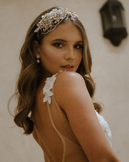 Elegant Gold Leaf and Lace Bridal Headpiece - Amelia Designer Headband by Kezani | Perfect for Weddings, Bridal Showers & Formal Events