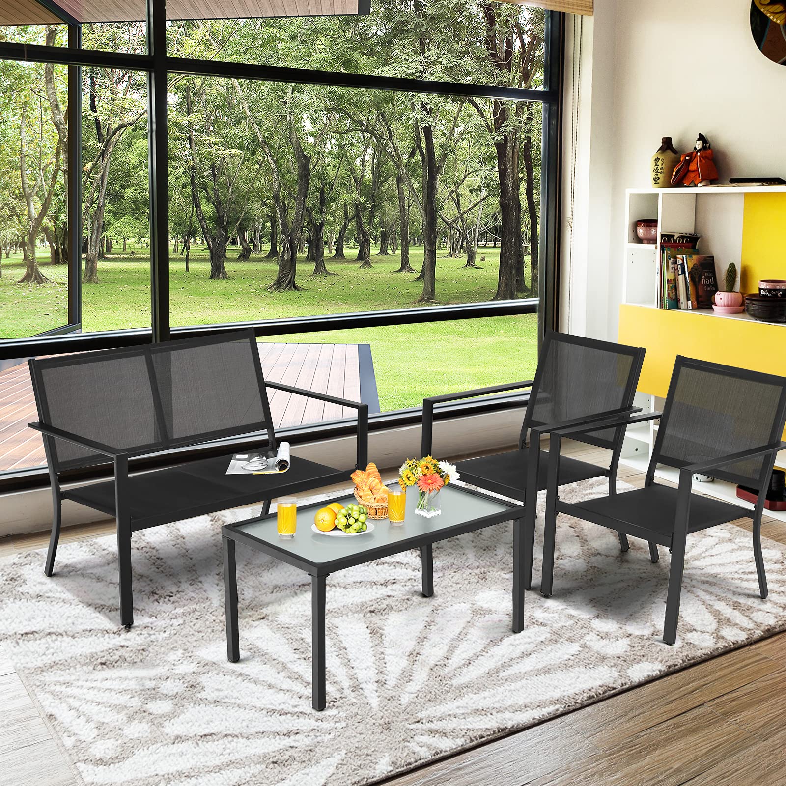 Giantex 4-Piece Patio Furniture Set - Outdoor Conversation Set with Loveseat Bench, 2 Chairs & Tempered Glass Coffee Table - Bistro Dining Set for Porch, Lawn, Garden, Poolside - Perfect for Backyard Relaxation, Outdoor Entertaining & Summer Gatherings