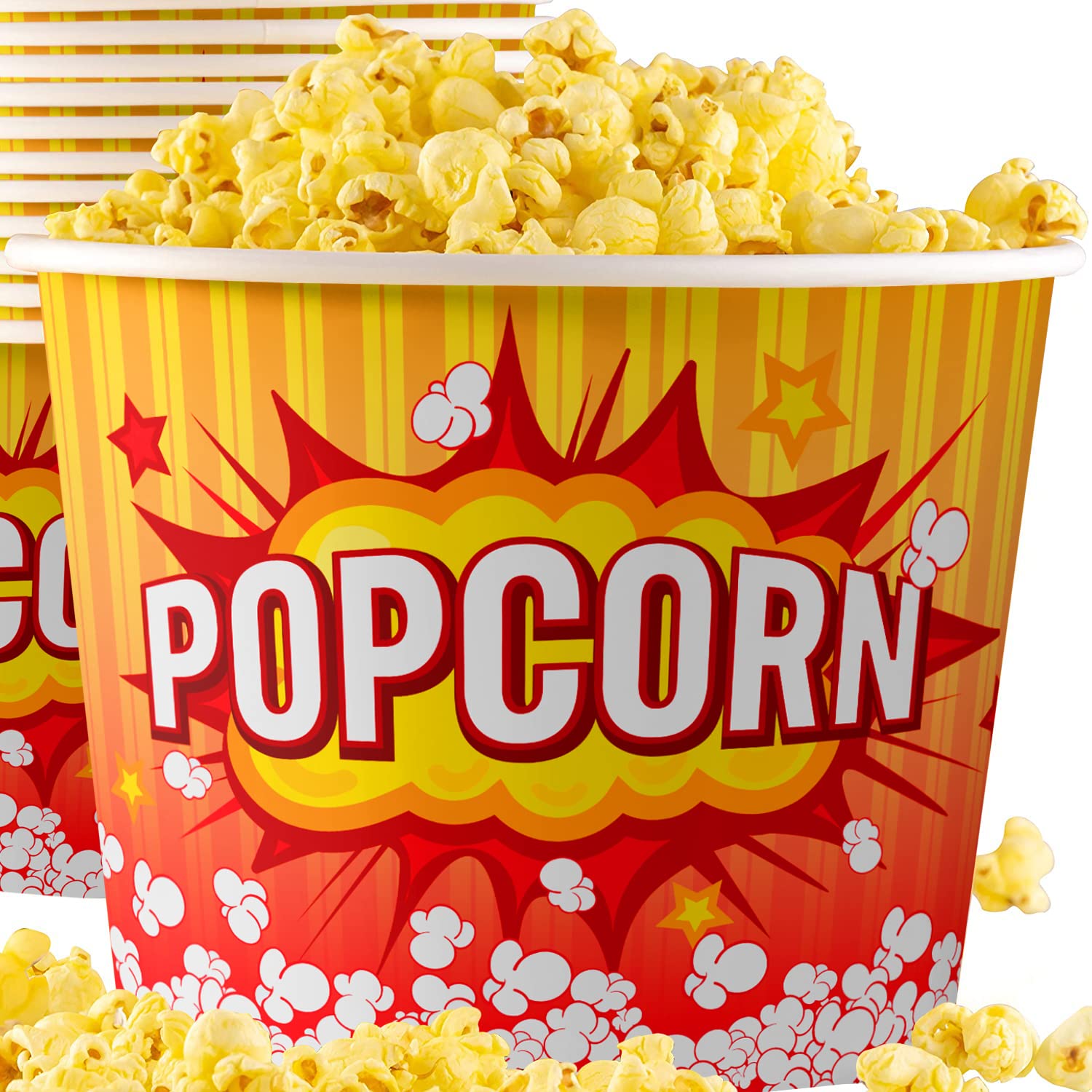 Vintage-Style 85oz Popcorn Buckets (100 Pack) - Reusable, Durable & Greaseproof Movie Theater Containers in Red & Yellow - Perfect for Home Cinema, Birthday Parties, Carnivals, Fundraisers & Concession Stands