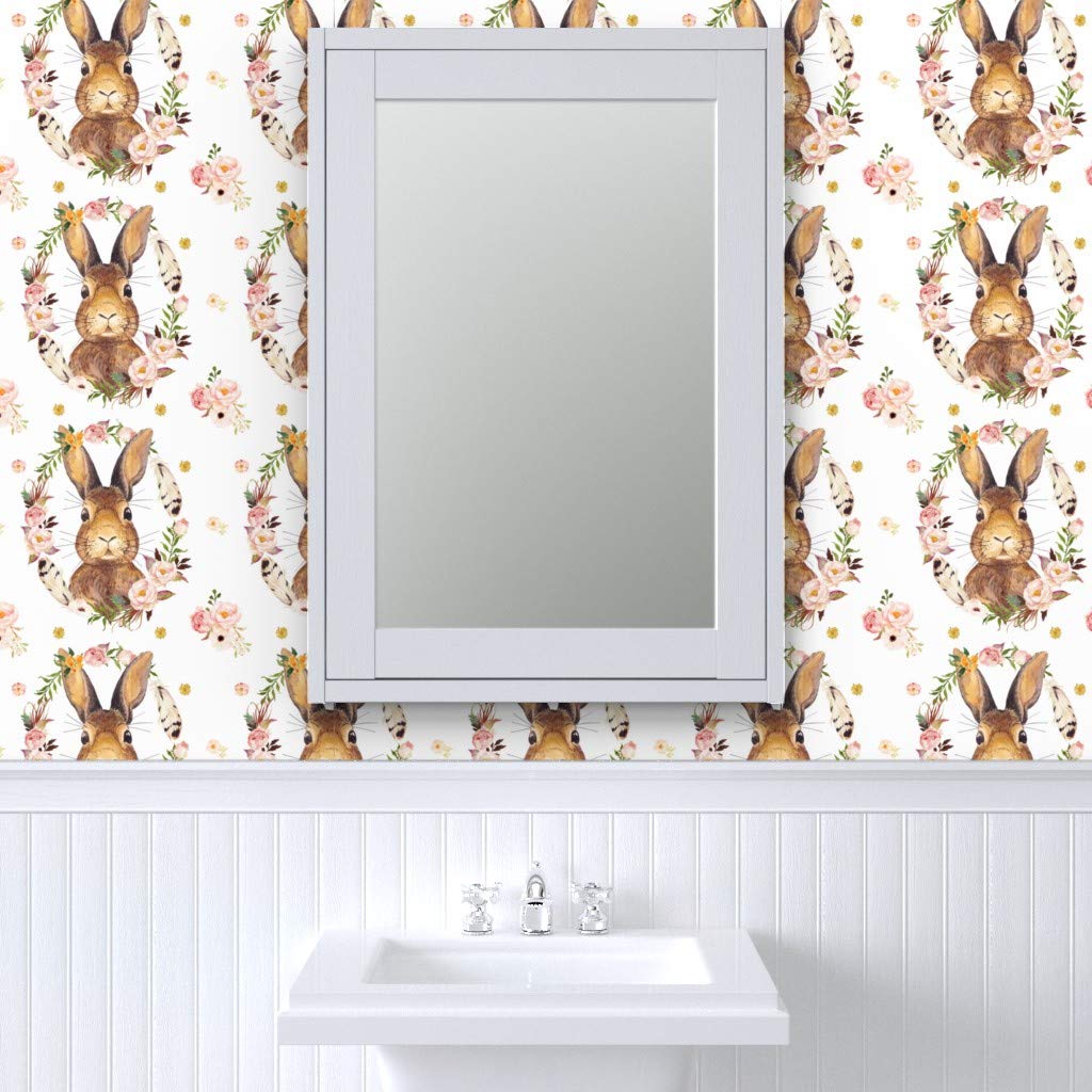 Premium Bunny White Baby Girl Woodland Roses Floral Wallpaper - 27ft x 2ft Commercial Grade Peel & Stick - Perfect for Nursery, Bedroom & Kids Room Decor