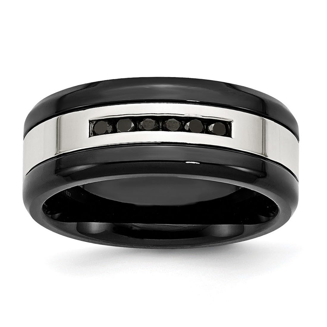 Engravable Black Plated Stainless Steel Ring with Black Diamonds - Size 9 Women's Jewelry for Anniversary, Wedding & Special Occasions