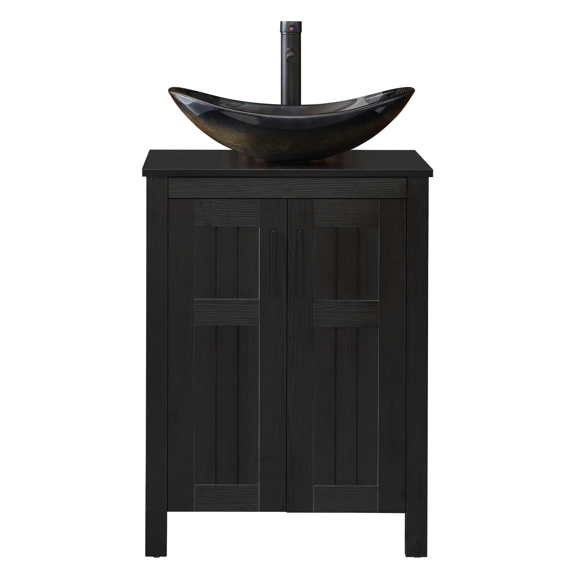 24 Inch Black Freestanding Bathroom Vanity with Champagne Boat Tempered Glass Vessel Sink - Modern Double Door Sink Cabinet with Grooved Design & Metal Handles | Perfect for Small Bathrooms, Powder Rooms & Contemporary Home Decor