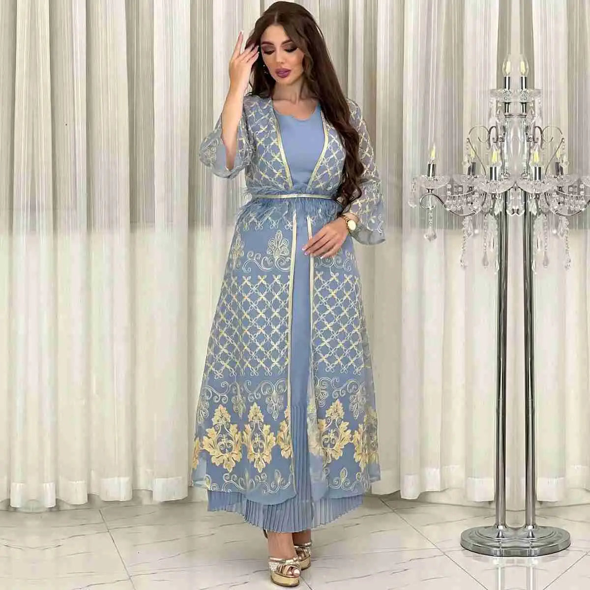 2-Piece Embroidered Sequin Caftan Dress Set with Inner Sleeveless Dress - Elegant Eid Outfits for Women, Perfect for Holiday Celebrations, Parties & Special Occasions