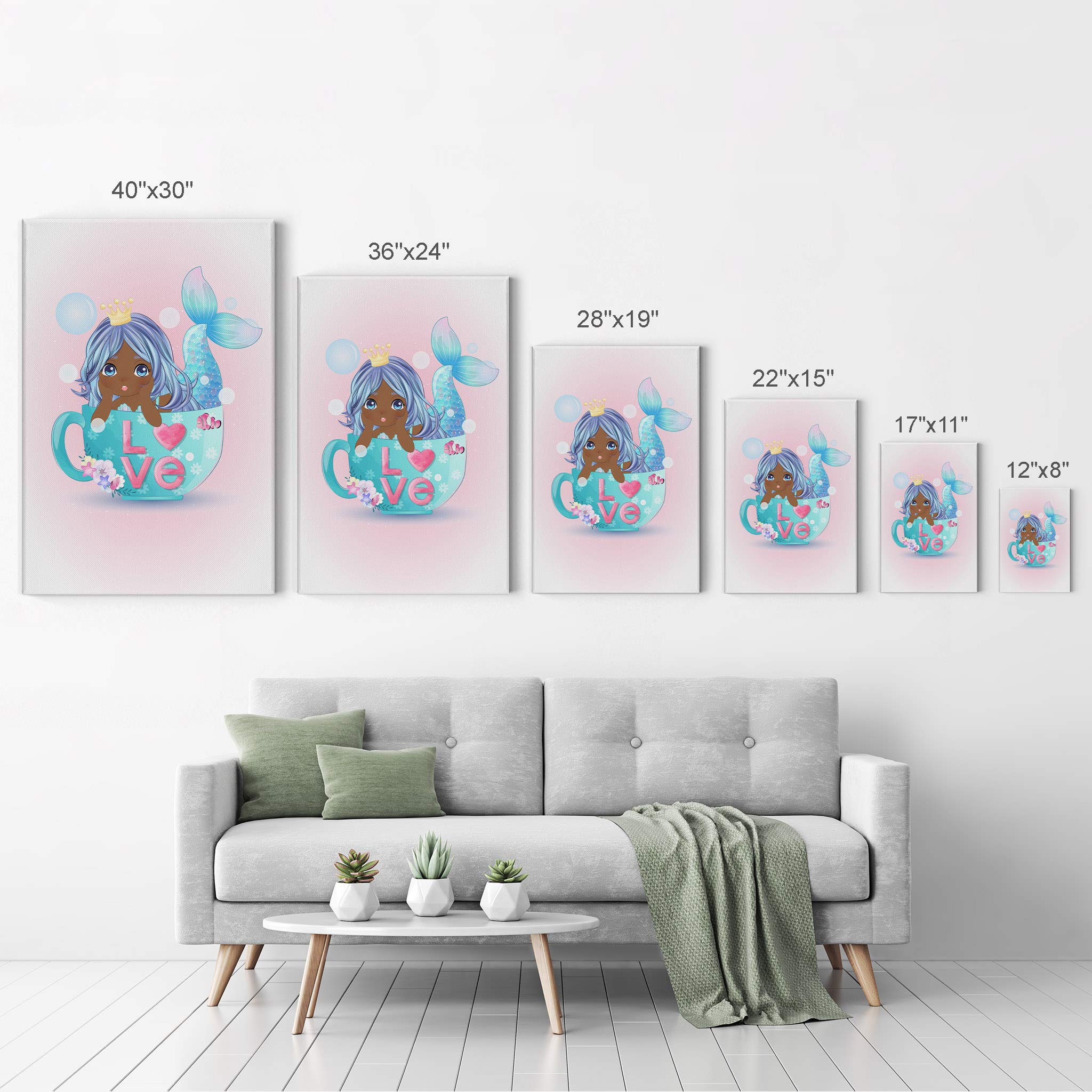 African American Mermaid in Coffee Cup Canvas Print - Blue Haired Black Girl Wall Art for Kids Room & Nursery Decor (22x15 Inch) | Perfect for Baby Showers, Children's Bedrooms & Playroom Wall Decor