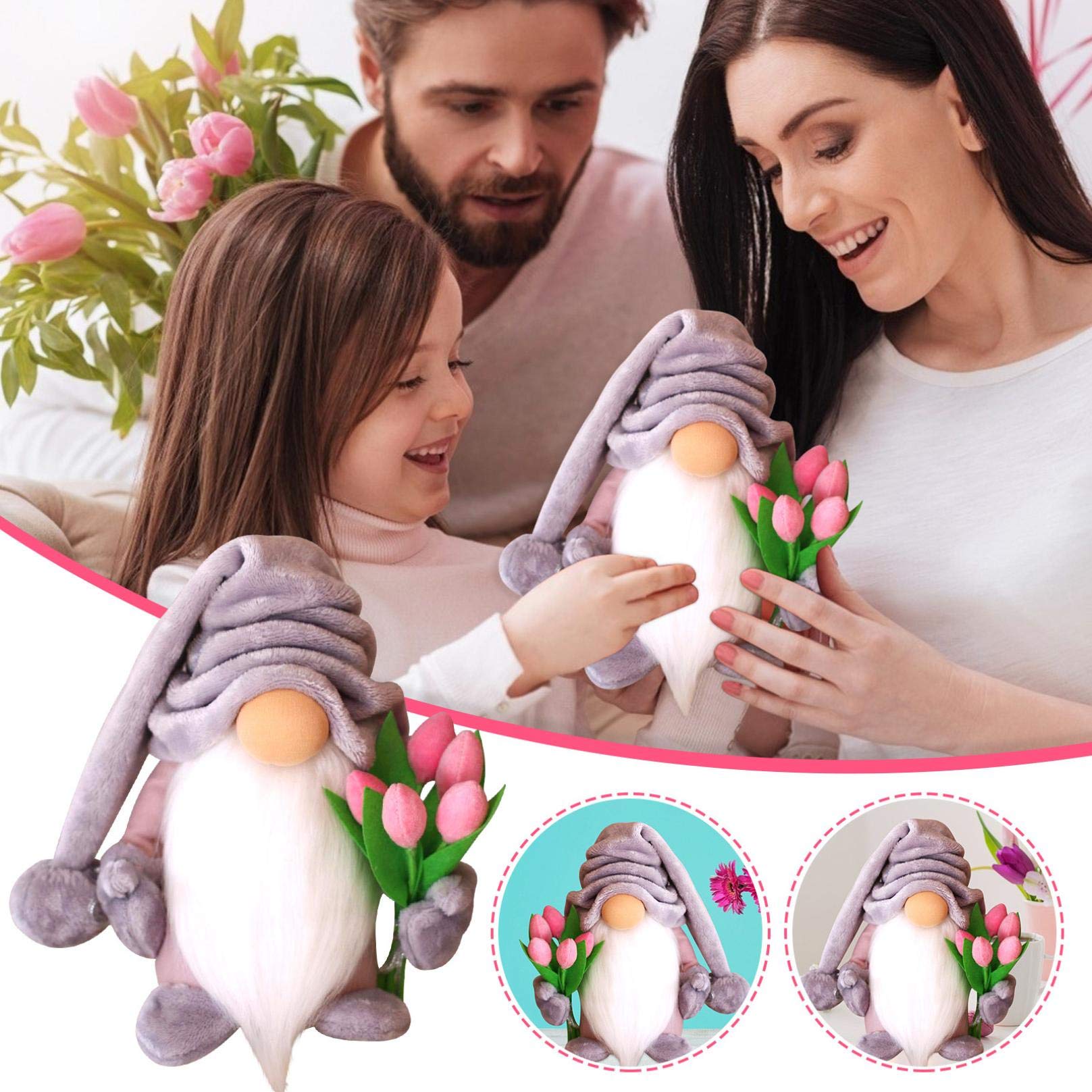 Owill Spring Gnomes Decor - Mother's Day Plush Gnomes, Scandinavian Tomte Nisse Swedish Gnome Tiered Tray Collection - Perfect for Spring Home Decor, Easter Gifts & Scandinavian-Inspired Shelf Displays (Tulip Gnome - A)