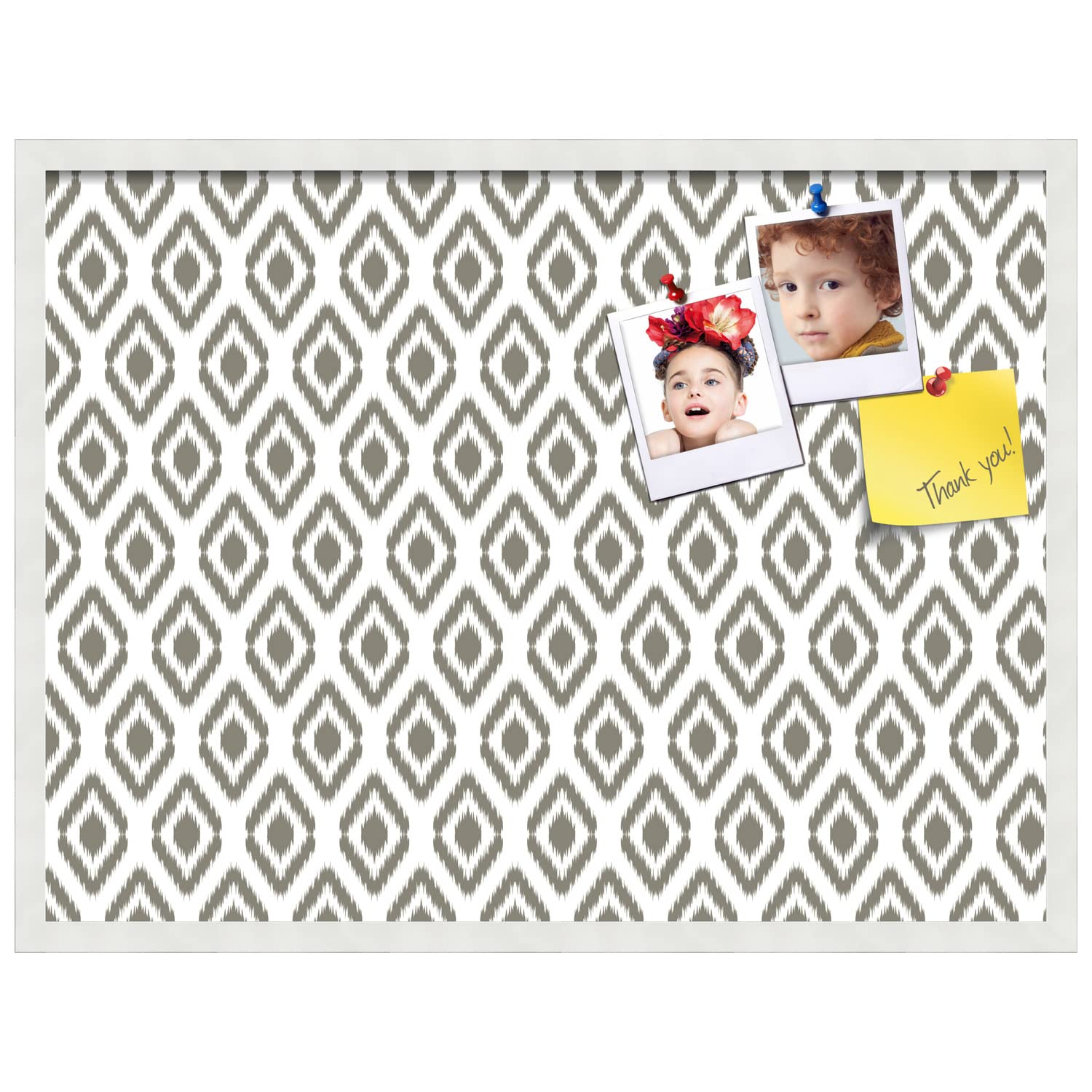 PinPix 32x24 Inch Cork Bulletin Board with Ikat Pewter Design & Satin White Frame - Decorative Framed Pin Board for Home Office School Decor - Perfect for Notes, Photos, Reminders & Wall Organization