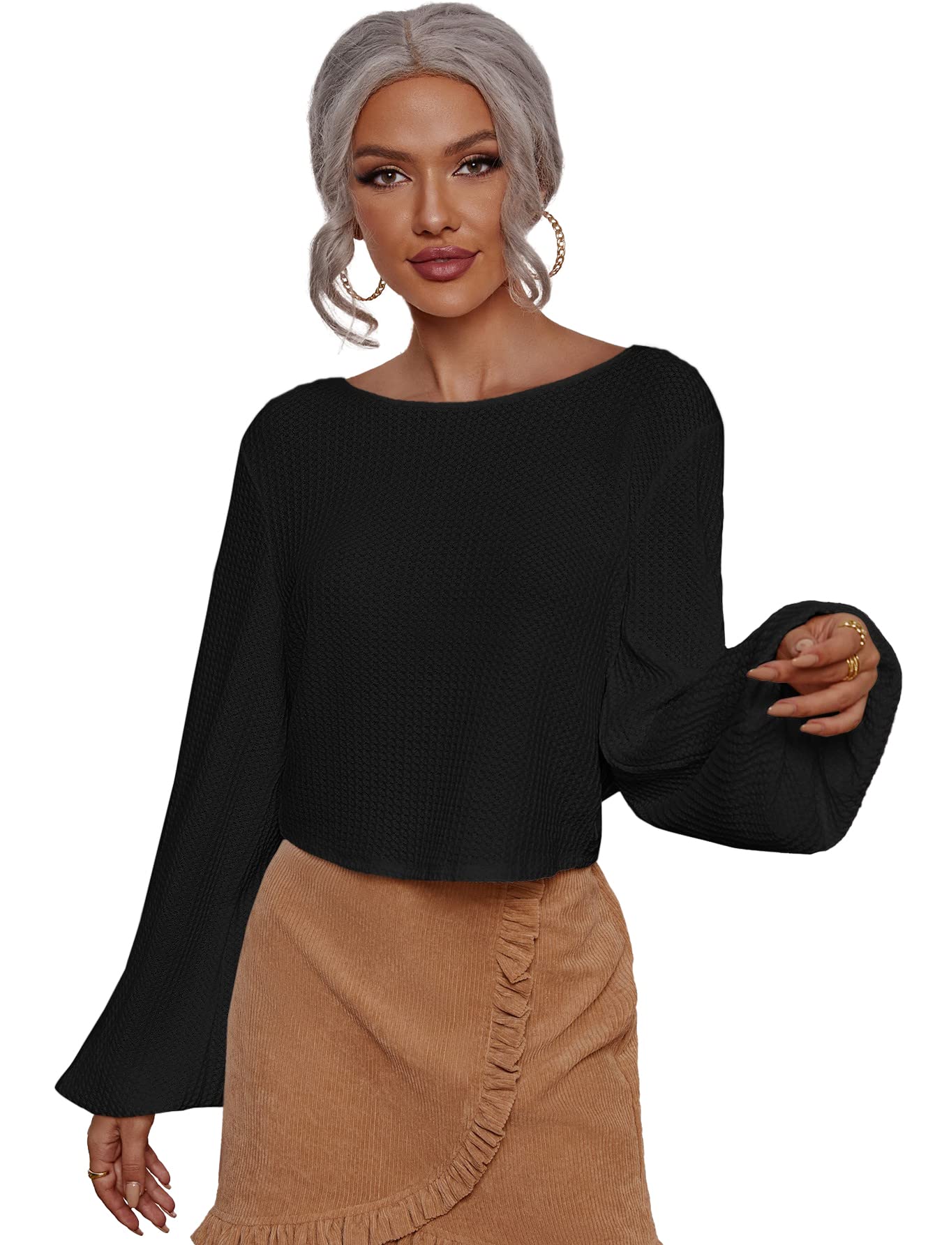 SheIn Women's Long Sleeve Tie Knot Crop Tops - Sexy Backless Round Neck Shirts for Women - Perfect for Date Night, Club Outfits & Summer Fashion