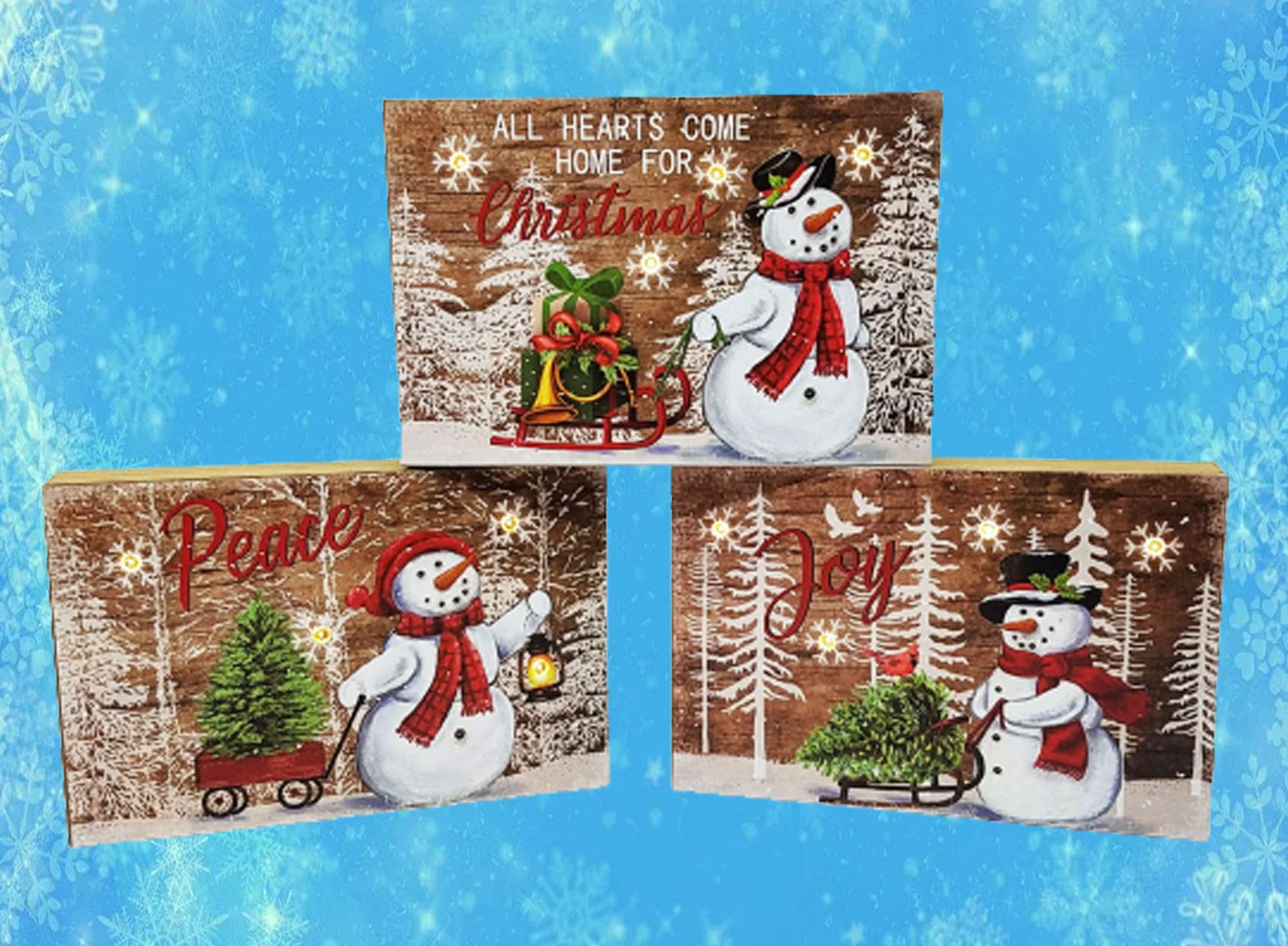 SeasonsEasy LED Lighted Snowflakes Snowman Sleds Wooden Block Plaques with Auto Timer - Set of 3 Christmas Decorations for Home, Yard, and Holiday Party Decor