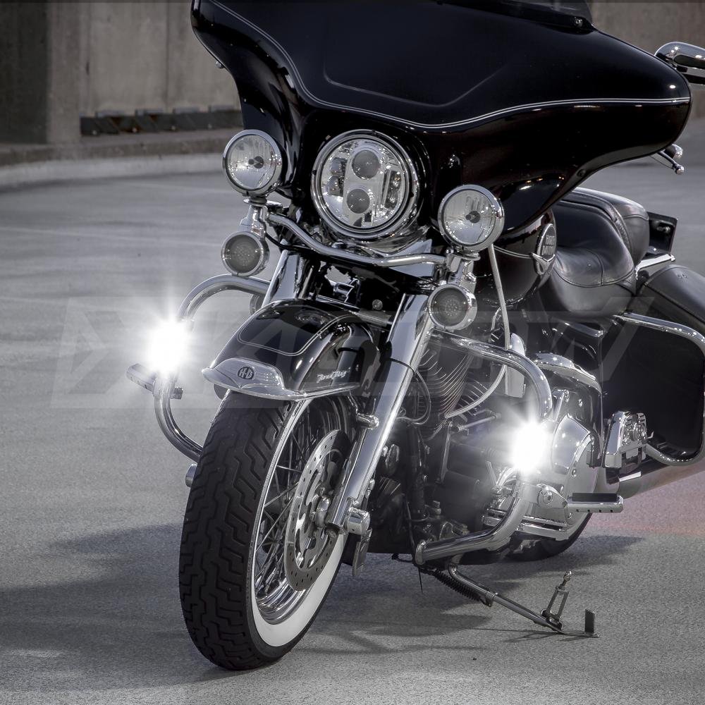 Black Motorcycle Highway Bar LED Driving Lights - DRL & Turn Signal with White/Amber Light for Harley Davidson Touring Bikes (Ultra Classic, Limited, Road King, Street Glide, Road Glide, Trike) - Perfect for Night Riding, Safety Visibility & Custom Crash Bar Upgrades