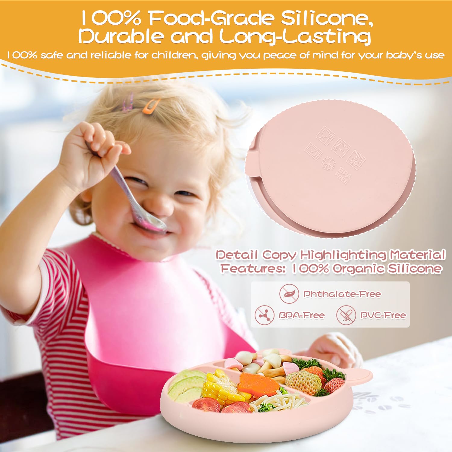 Non-Slip Silicone Baby Bowls with Strong Suction - 100% Food Grade, BPA-Free, Dishwasher & Microwave Safe - Toddler Feeding Plates for Ages 1-3 (Pink) - Perfect for Highchair Meals, Travel & Mess-Free Learning to Eat