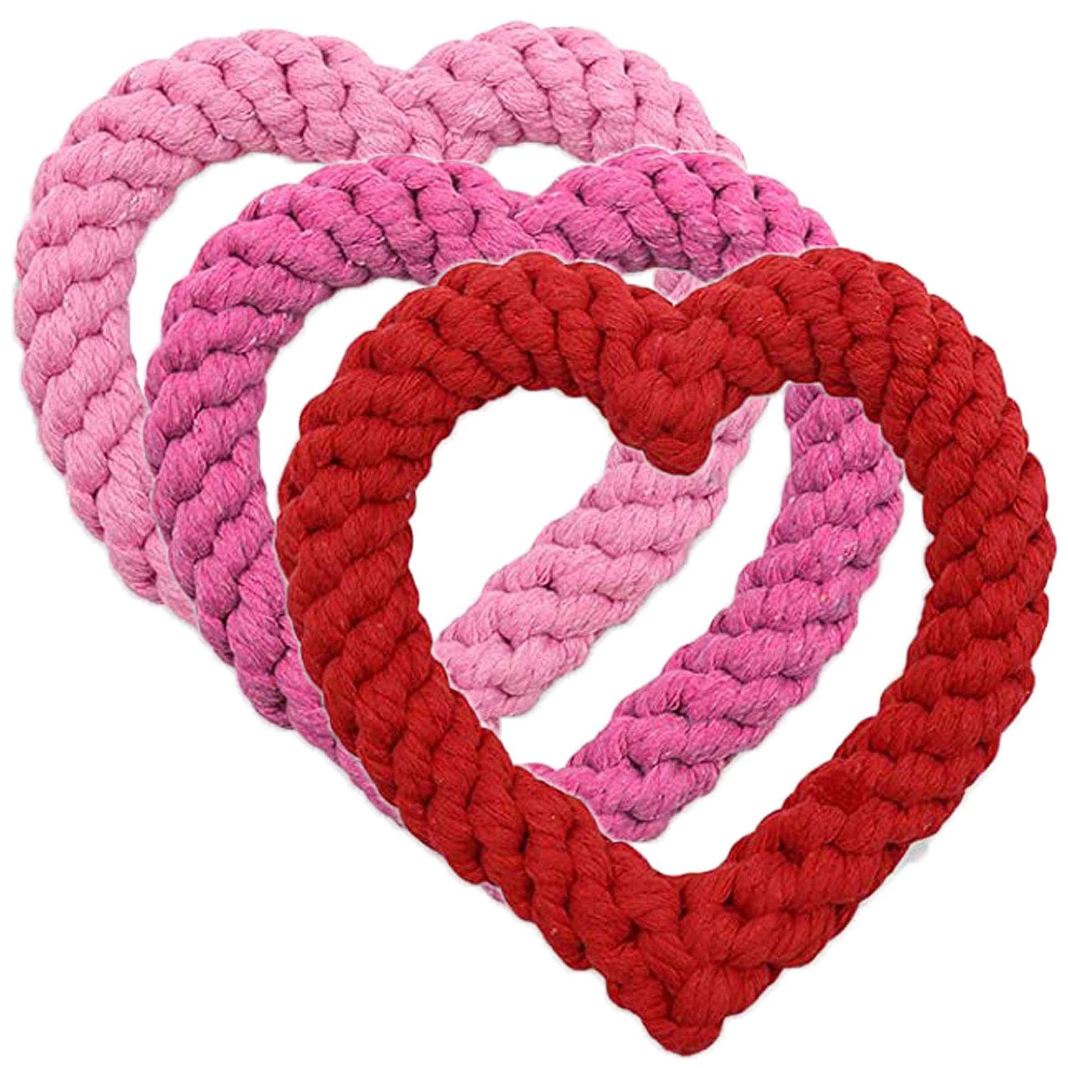 Valentine's Day Heart Shaped Rope Dog Chew Toys - Durable Pet Chewing Toys for Puppies & Dogs (Pink, Red, Purple) - Perfect for Valentine's Gifts, Training Rewards & Playtime Fun
