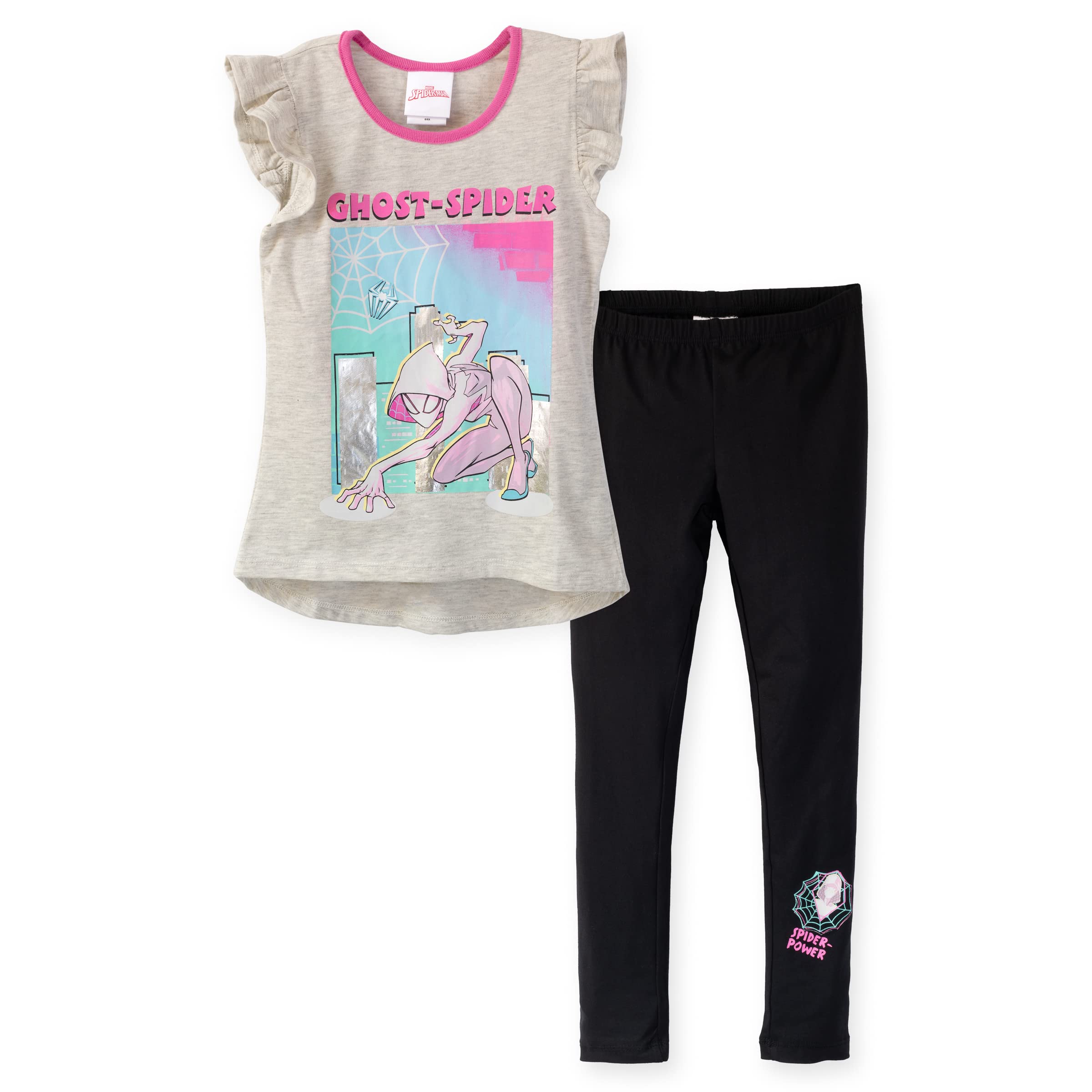 Marvel Ghost-Spider Ruffle Graphic T-Shirt & Leggings Set for Women | Superhero Costume & Casual Cosplay Outfit | Perfect for Halloween, Comic Con & Everyday Wear