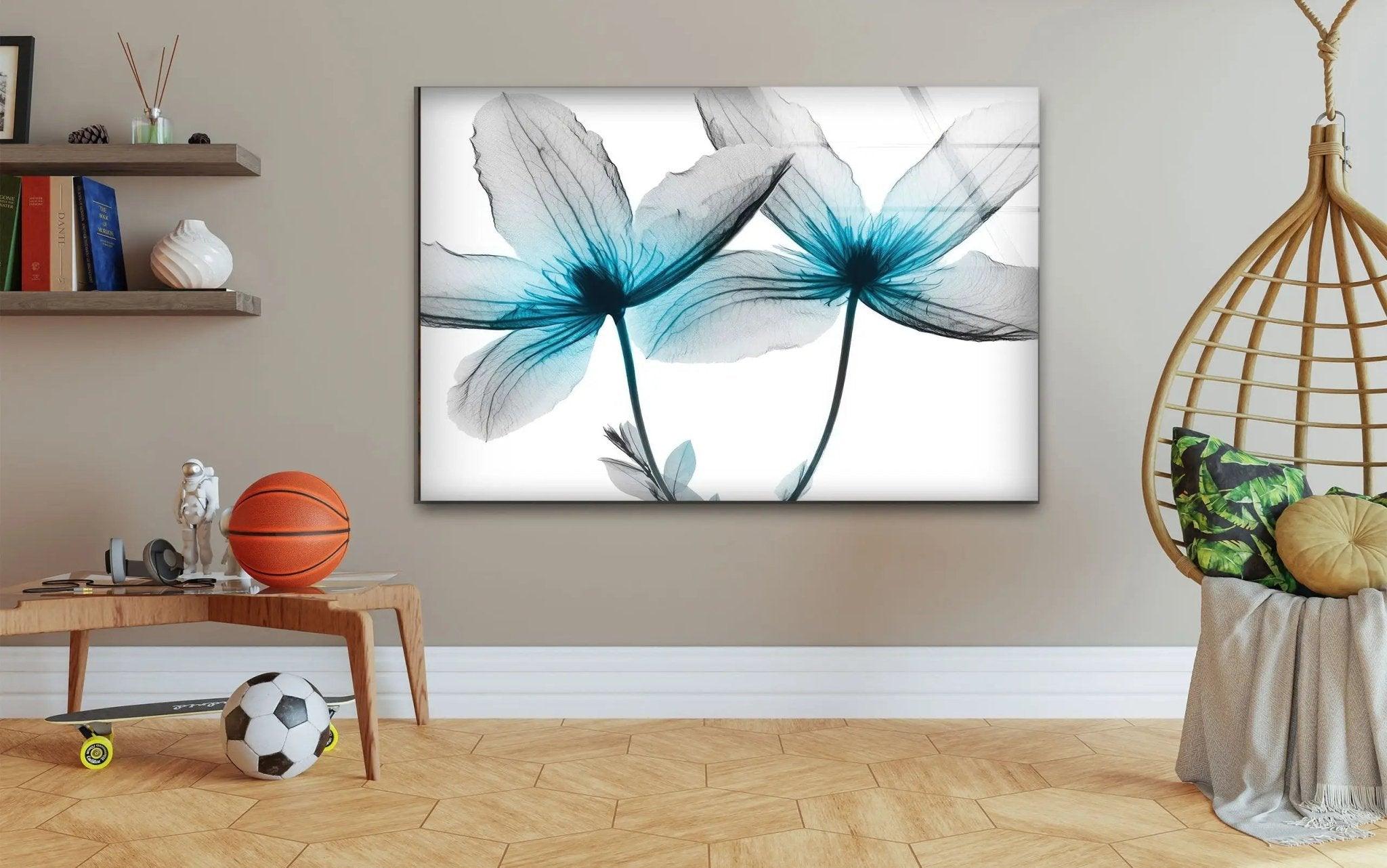 Albert Koetsier Blue X-Ray Flower Glass Wall Art - Modern Home Decor for Living Room, Bedroom & Office - Unique Handmade Glass Artwork