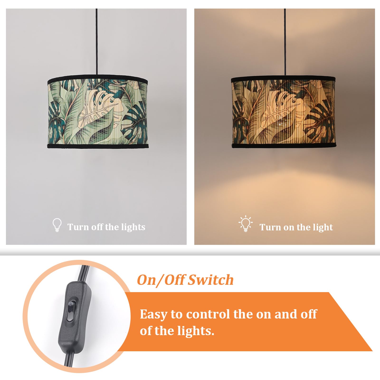 Eoiips Plug-in Pendant Light Bamboo - 14.76ft Hanging Lamp with ON/Off Switch & Patterned Shade - Modern Lighting Fixture for Kitchen Island, Bedroom, Living Room (Greenery Design) - Perfect for Dining Areas, Coffee Shops & Home Decor