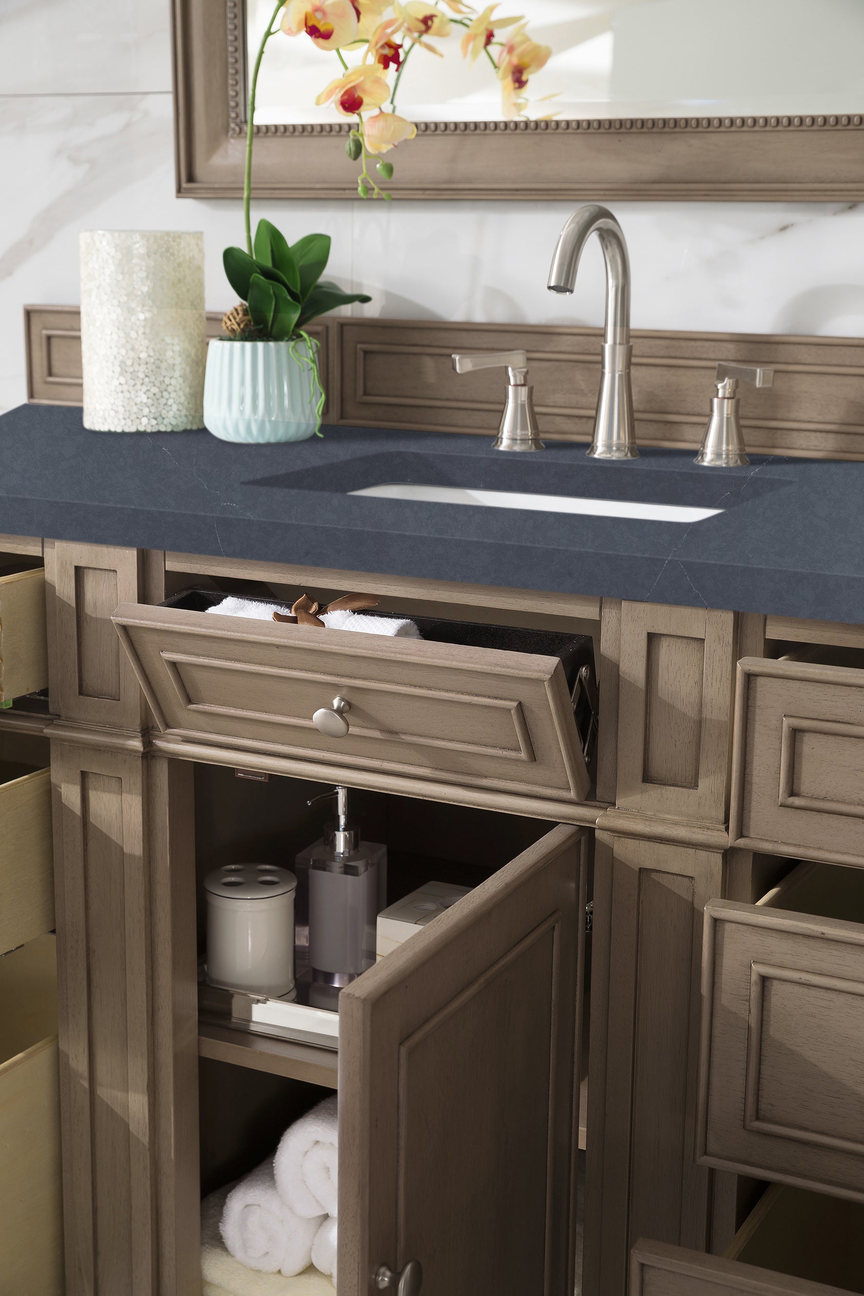 Bristol 60 Inch Single Bathroom Vanity in Whitewashed Walnut with 3CM Charcoal Soapstone Quartz Top - Modern Farmhouse Sink Cabinet for Bathroom Remodel & Home Upgrade