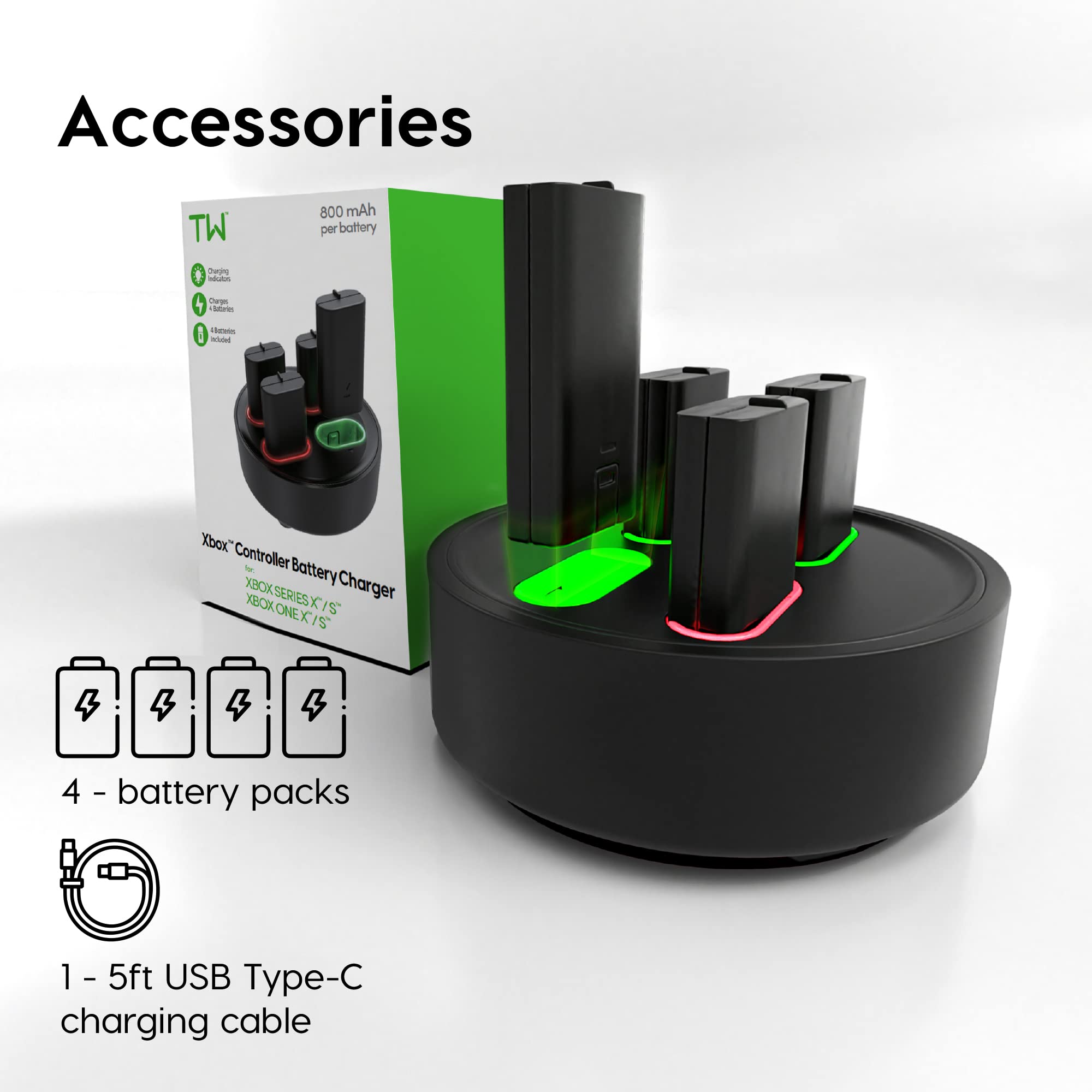 TalkWorks Xbox Battery Charger Station with 4 Rechargeable Batteries - Fast USB-C Charging Dock for Xbox Series X|S & One Controllers - Includes 5ft Cable & LED Indicators (Black) - Perfect for Gaming Sessions & Multiplayer Setups
