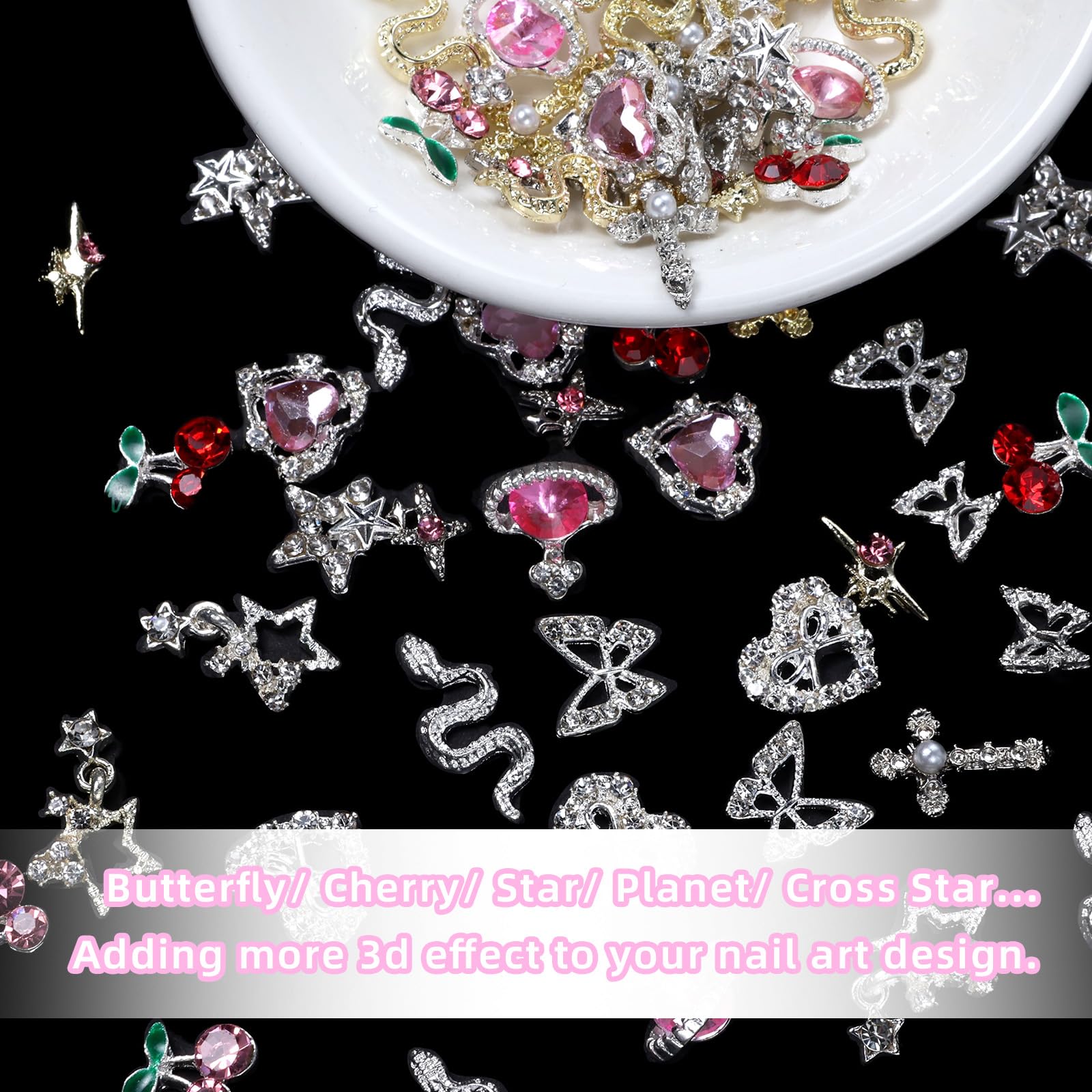 72 Pcs 3D Silver Nail Gems Charms - Butterfly, Star, Snake & Cross Nail Art Decorations for Acrylic Nails | Professional Nail Art Supplies with Pickup Tool | Perfect for DIY Manicures, Salon Nail Designs & Party Nail Art
