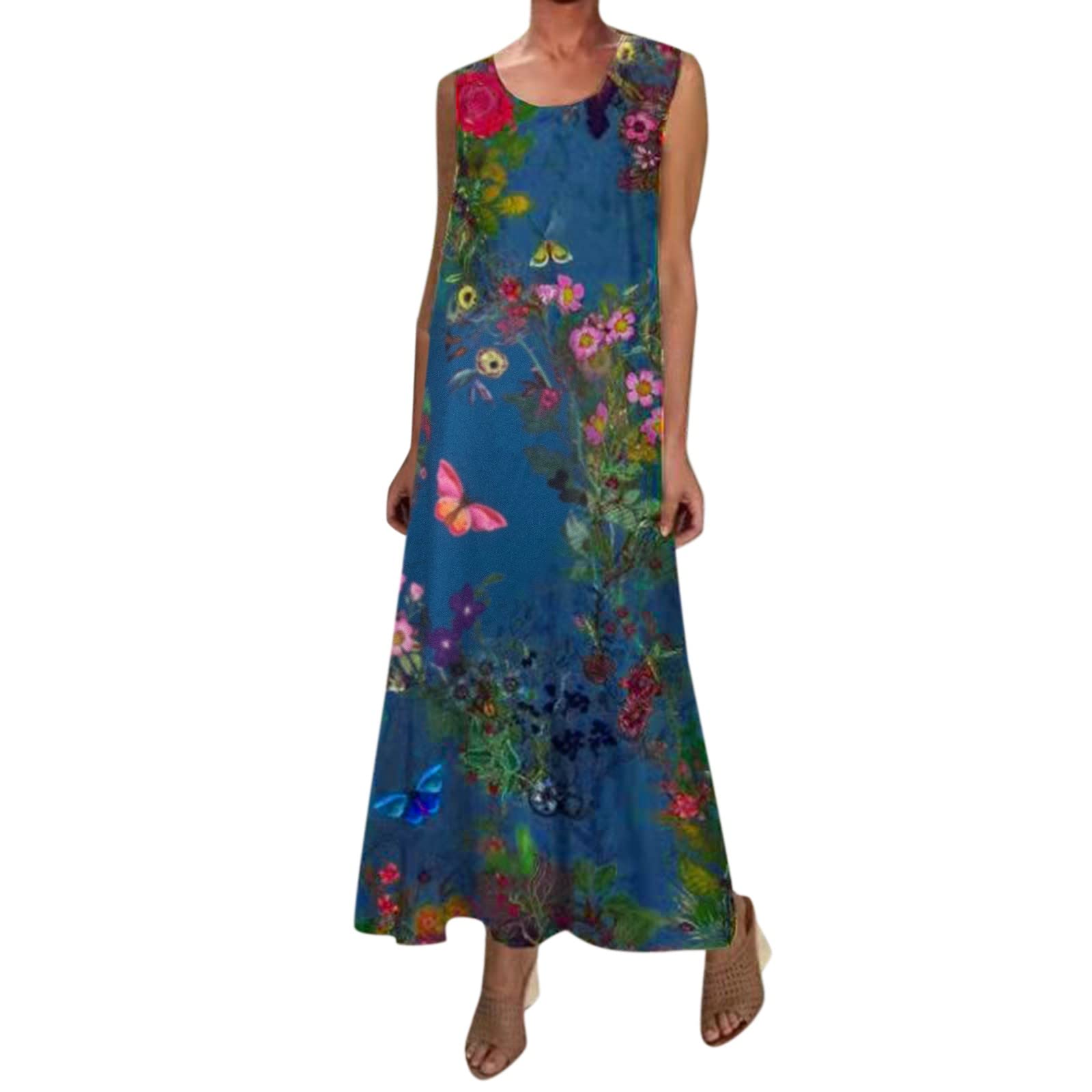 SPORTTINstm Women's Floral Print Sleeveless Maxi Dress with Pockets - Summer Casual & Formal Long Dress for Beach, Party, Office Wear