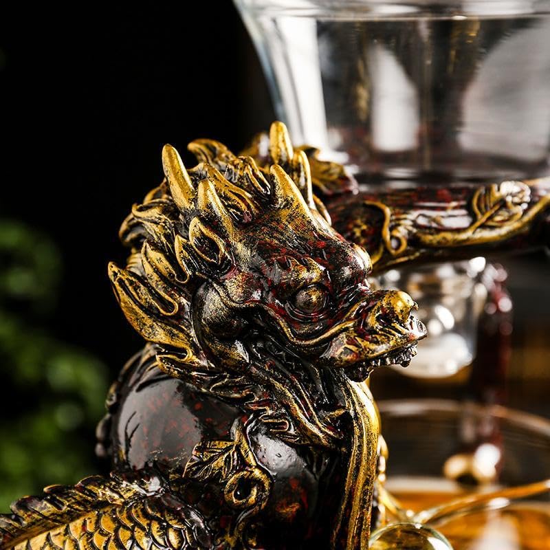 Premium Glass Teapot Set with Stainless Steel Infuser - Semi-Automatic Dragon Design Tea Set with 6 Small Cups (Red & Gold Dragon) - Perfect for Chinese Tea Ceremony, Home Decor & Gift Giving