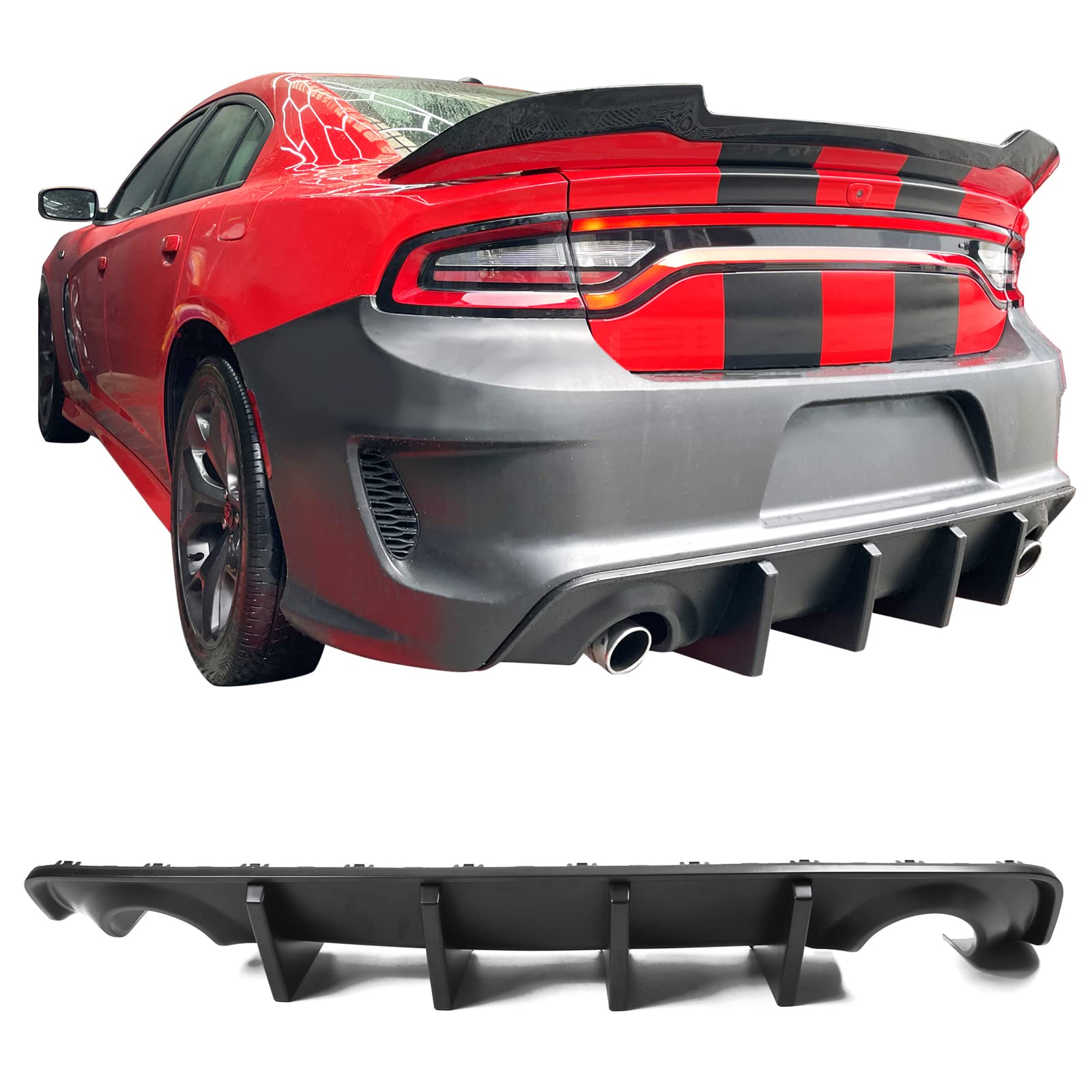 IKON MOTORSPORTS Rear Diffuser for 2020-2023 Dodge Charger Widebody - Matte Black PP Bumper Lip with 4 Fins | Aggressive Styling Upgrade for Street Racing & Car Shows